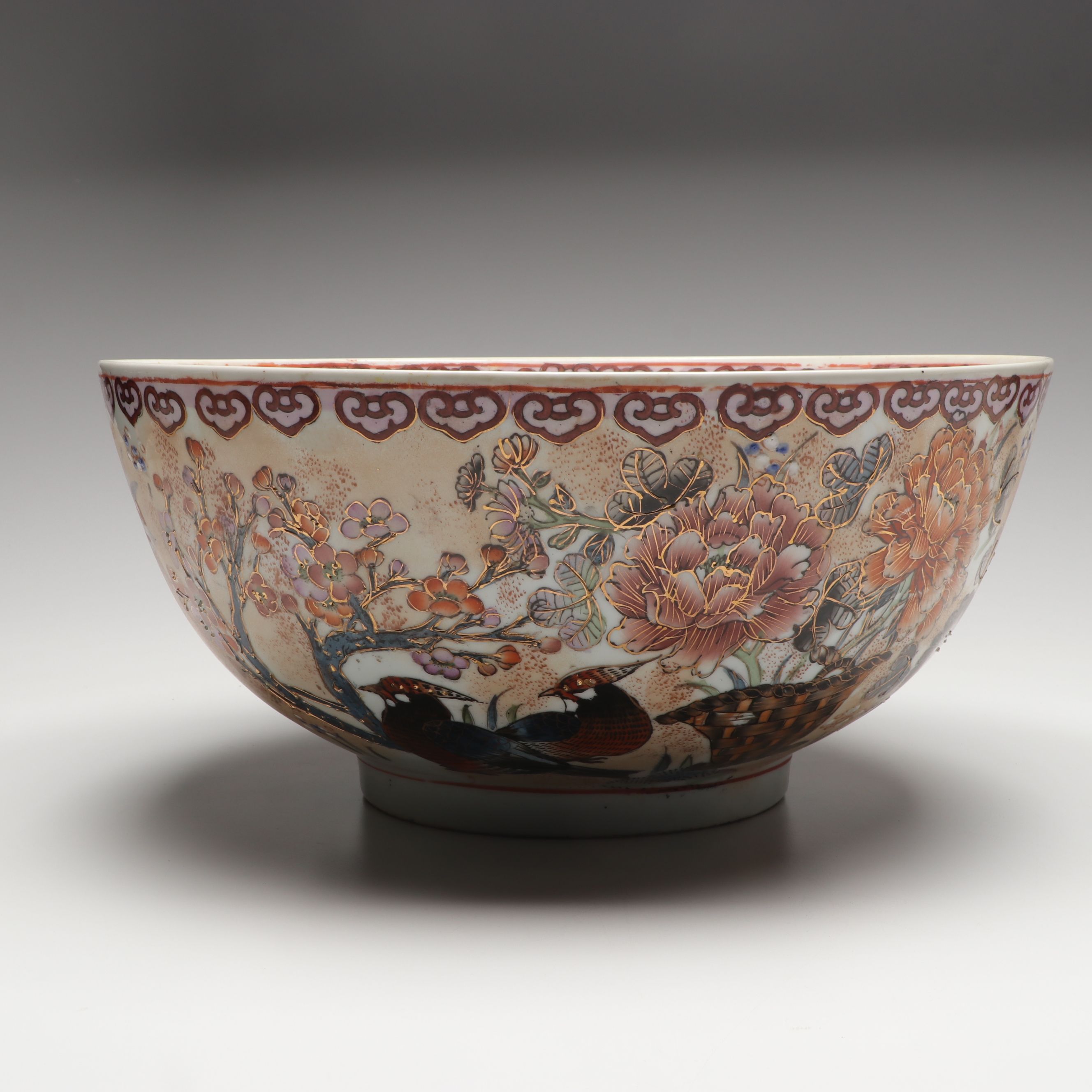 Chinese Hand-Painted Porcelain Bowl with Flowers and Pheasants