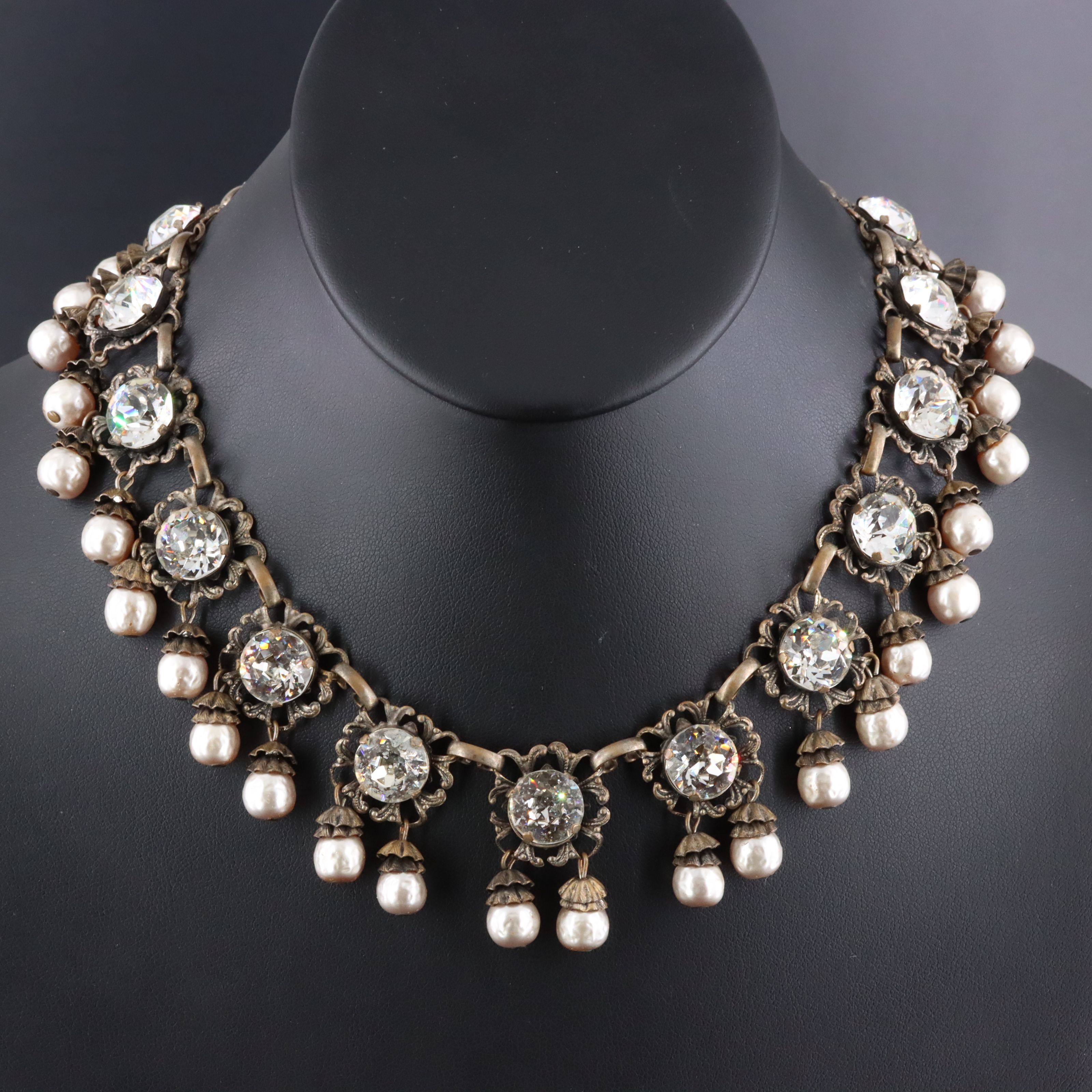 Miriam Haskell Crystal and Glass Pearl Fringe Necklace