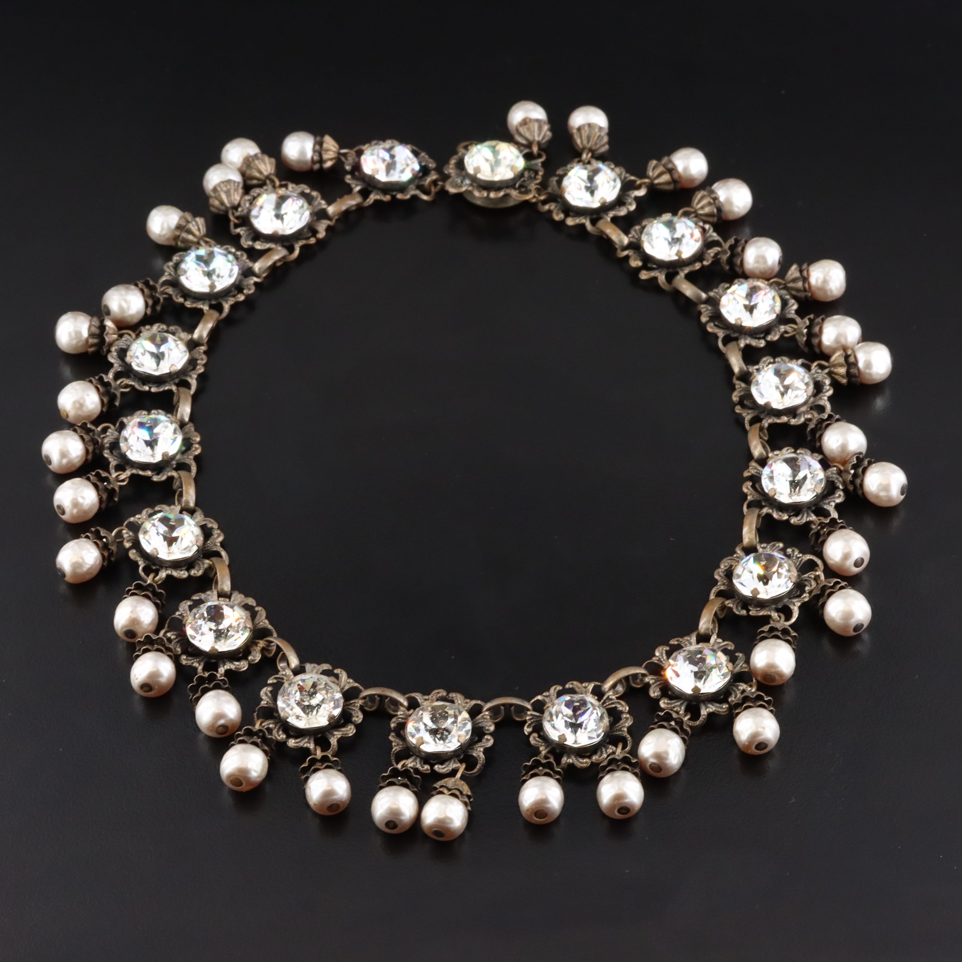 Miriam Haskell Crystal and Glass Pearl Fringe Necklace