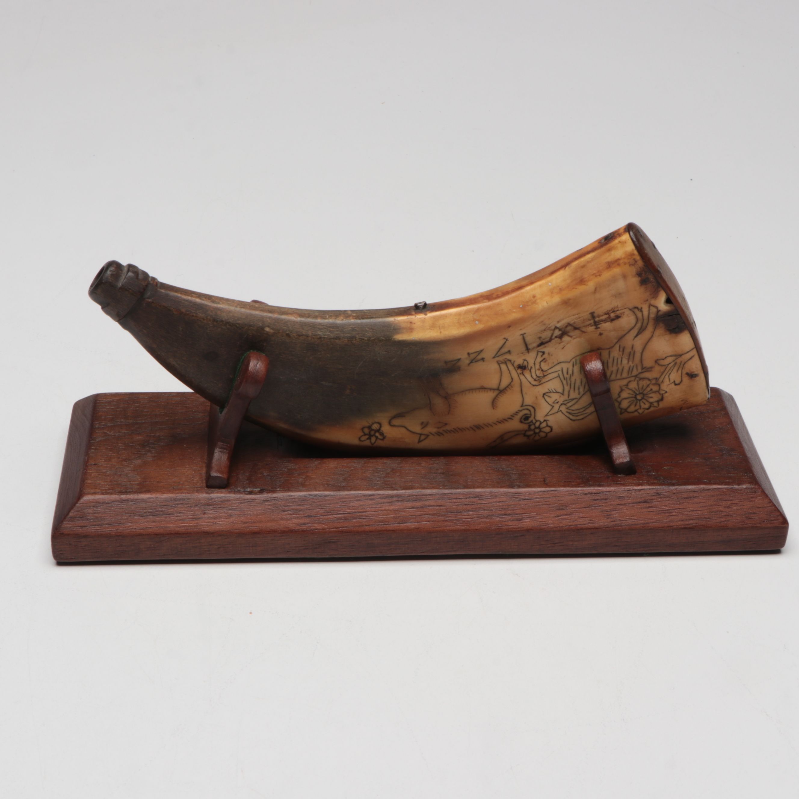 Folk Art Hand-Carved Scrimshaw Powder Horn