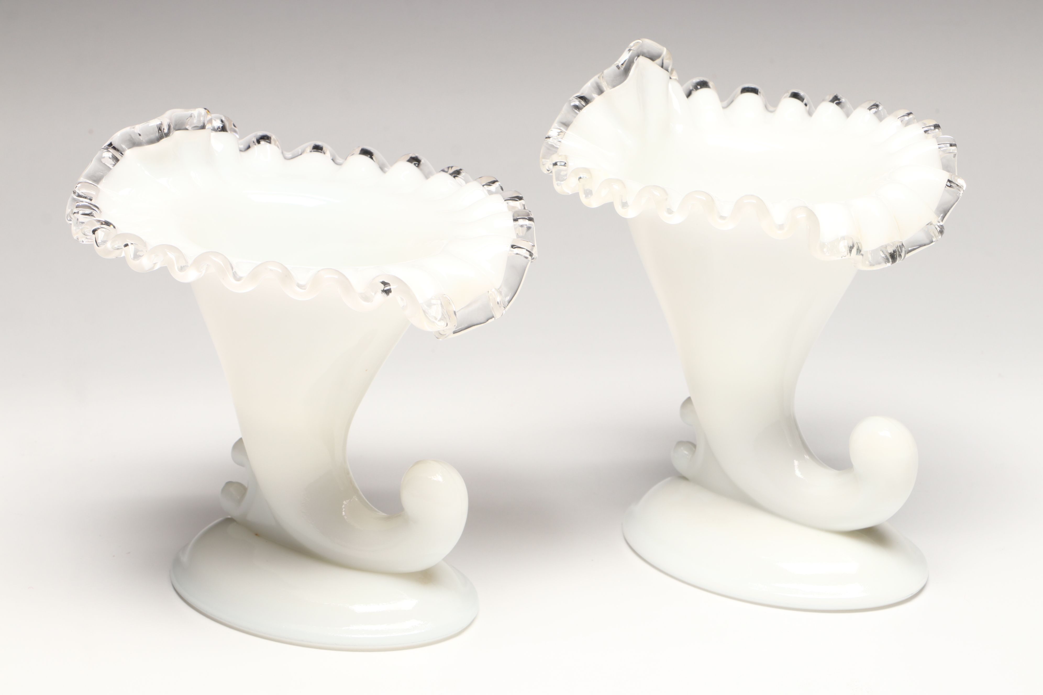 Fenton "Silver Crest" Glass Cornucopia Vases with Vintage Opaline Glass Vase