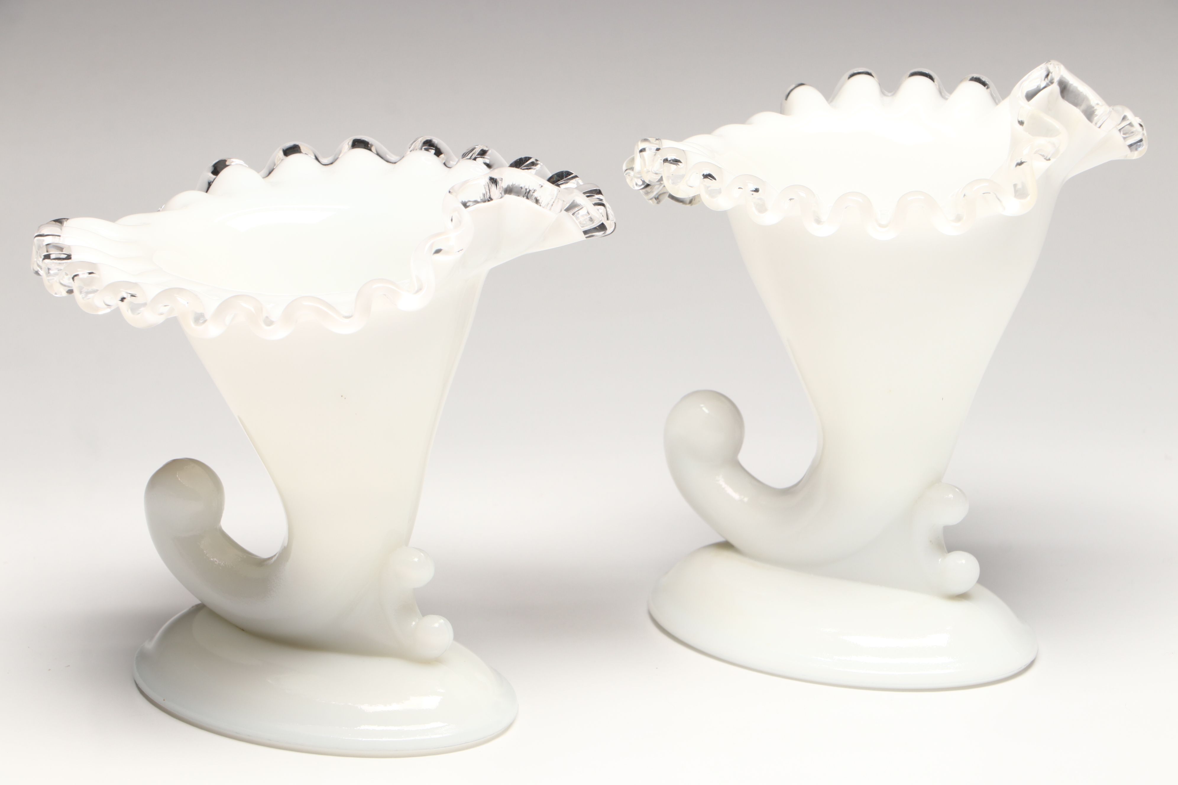 Fenton "Silver Crest" Glass Cornucopia Vases with Vintage Opaline Glass Vase