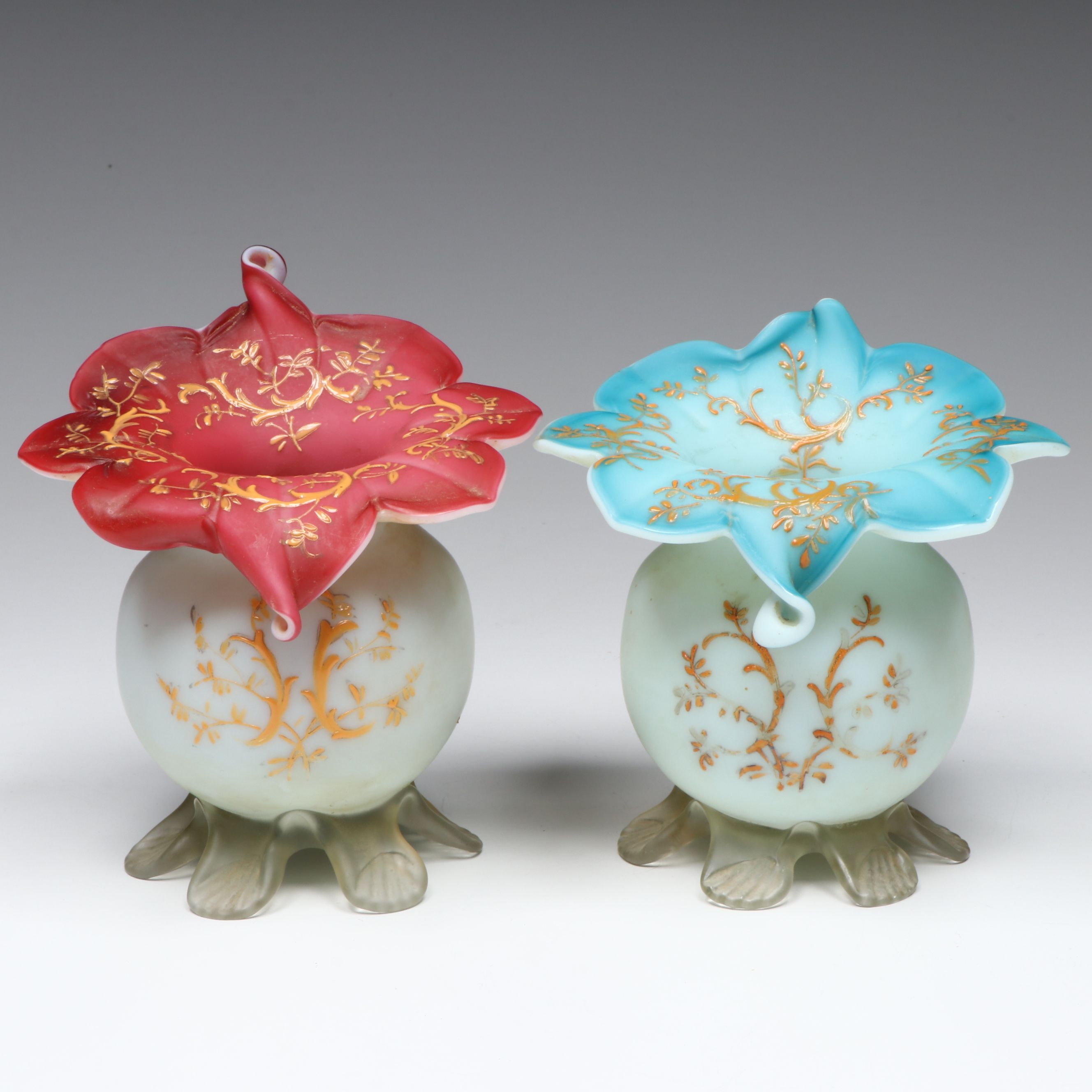 Victorian Style Jack-in-the-Pulpit Ruby and Blue Cased Glass Vases