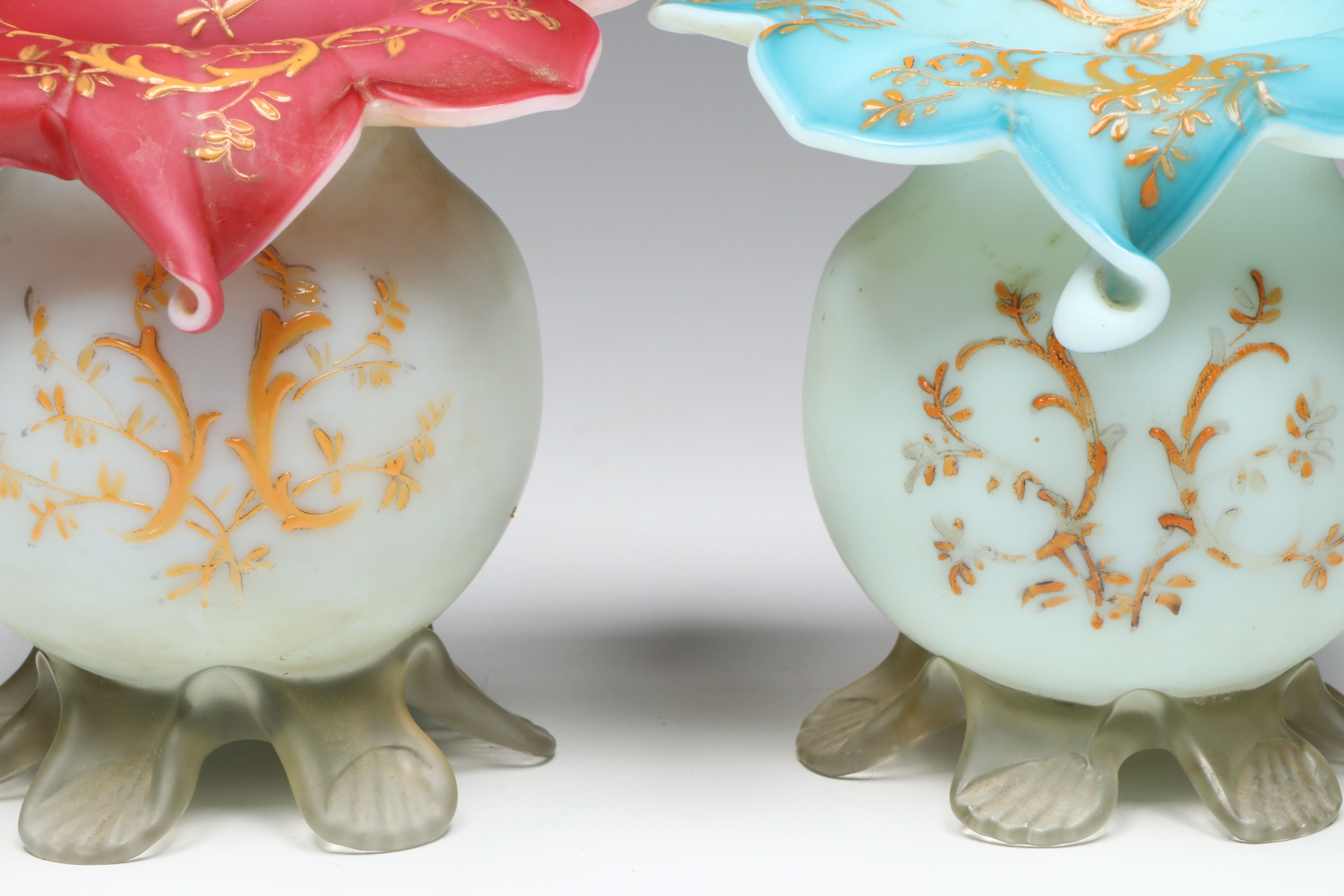 Victorian Style Jack-in-the-Pulpit Ruby and Blue Cased Glass Vases