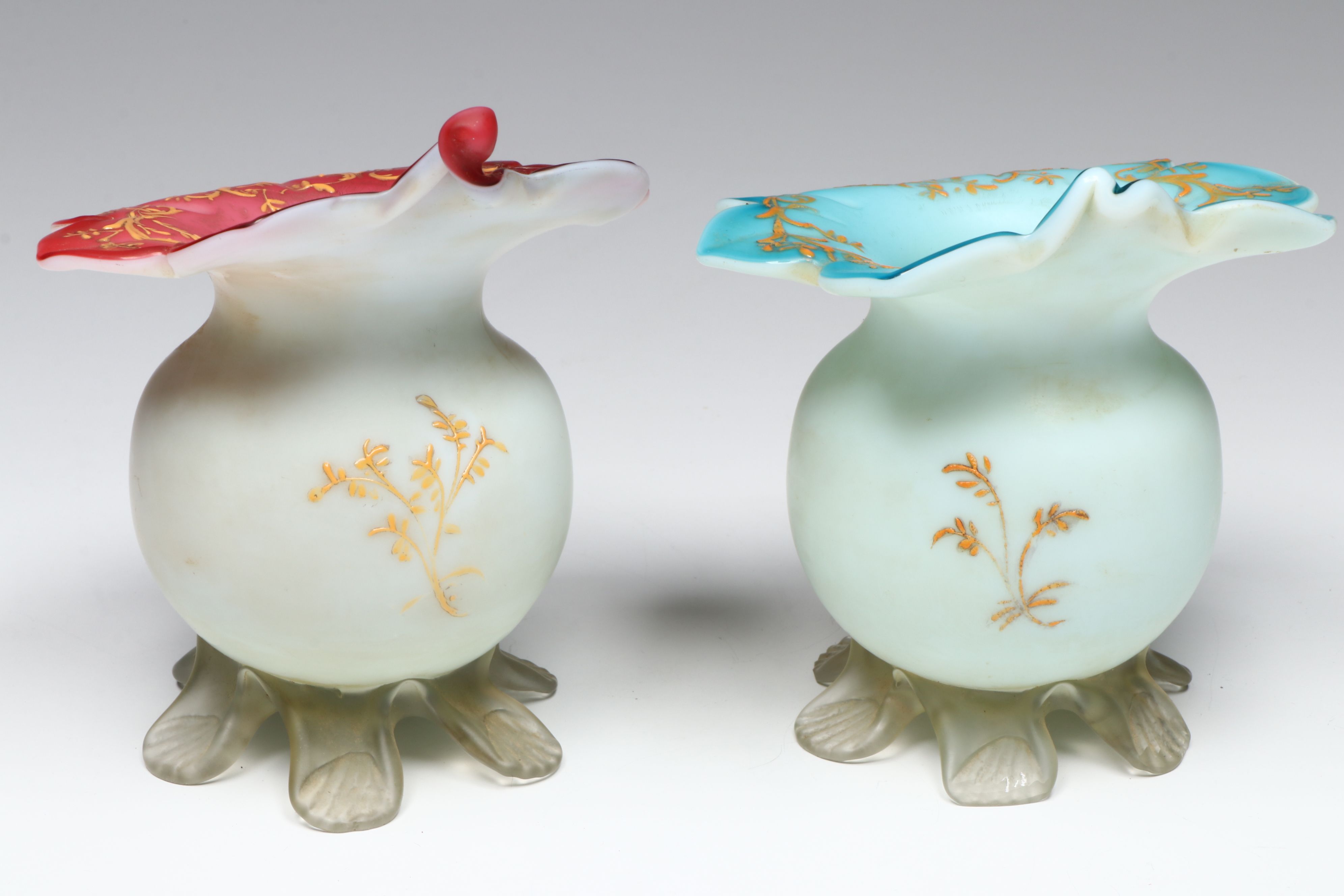 Victorian Style Jack-in-the-Pulpit Ruby and Blue Cased Glass Vases