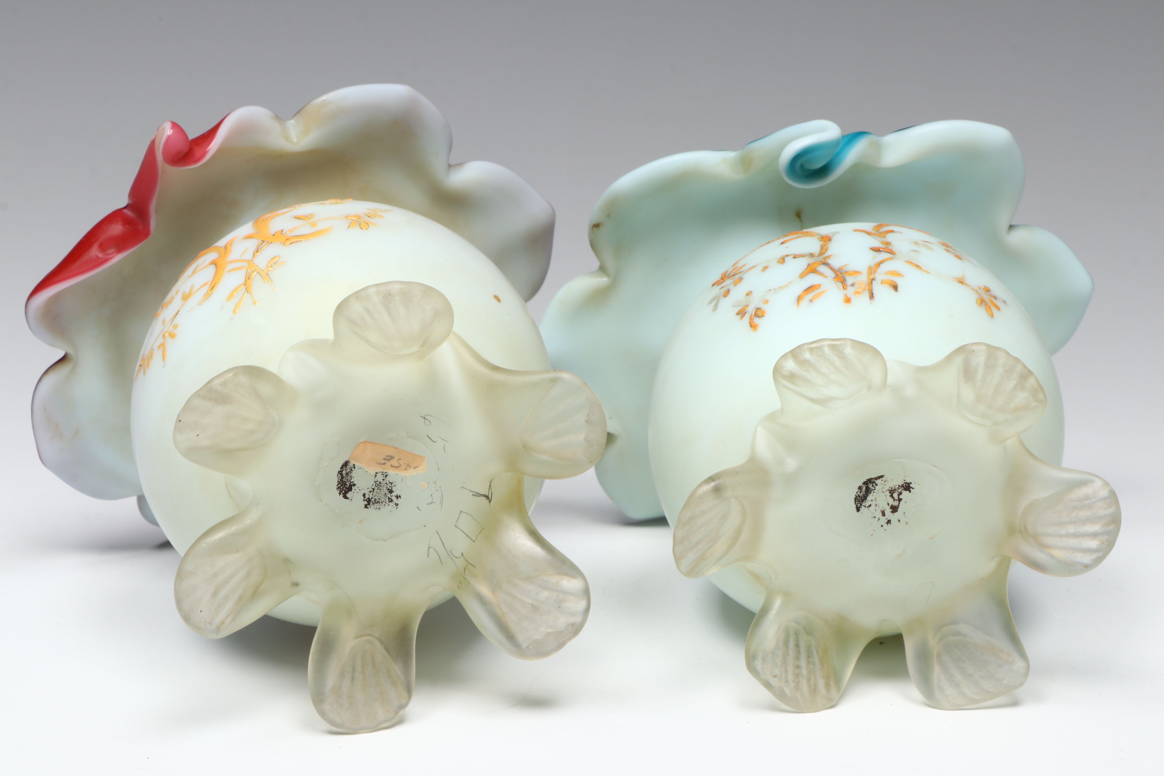 Victorian Style Jack-in-the-Pulpit Ruby and Blue Cased Glass Vases