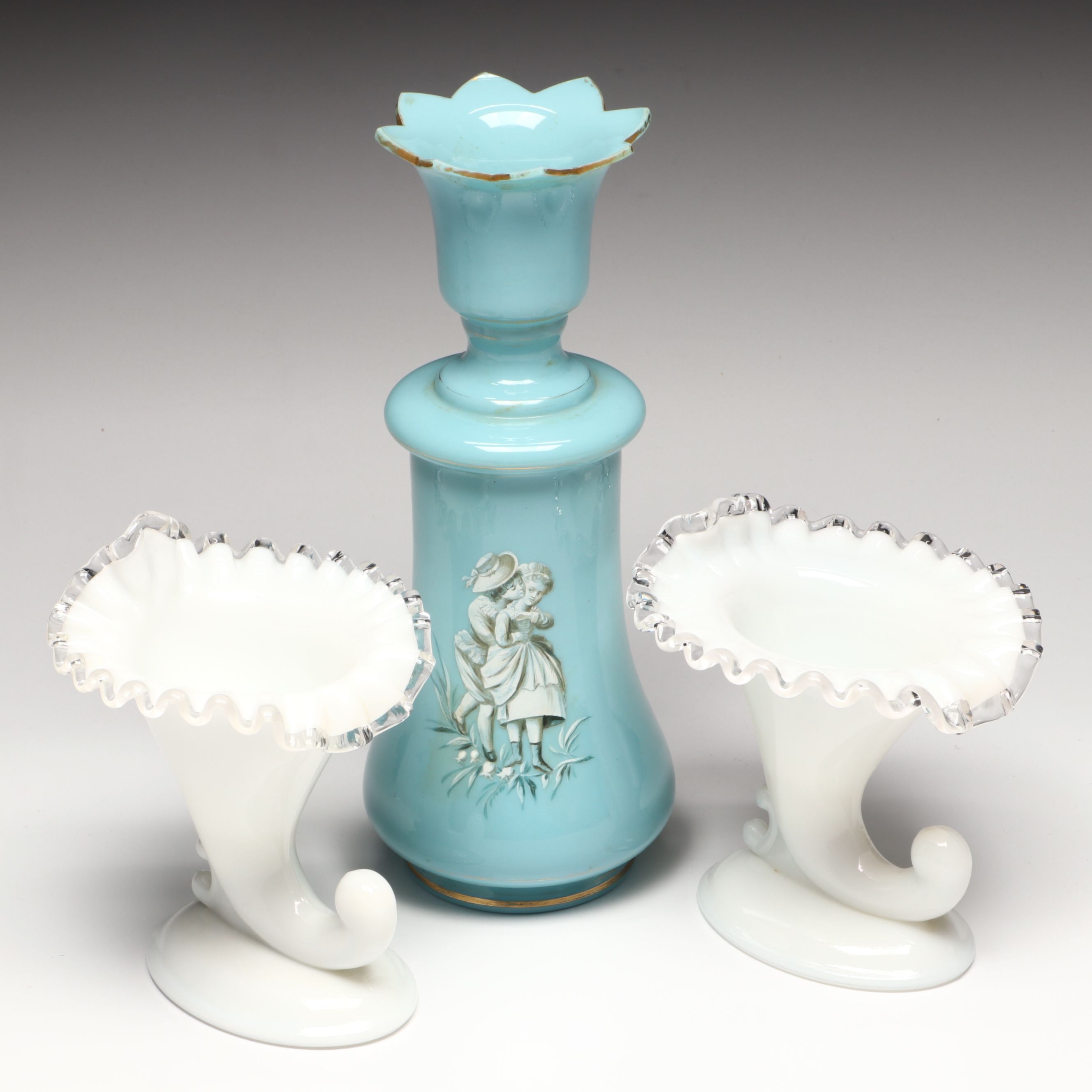 Fenton "Silver Crest" Glass Cornucopia Vases with Vintage Opaline Glass Vase