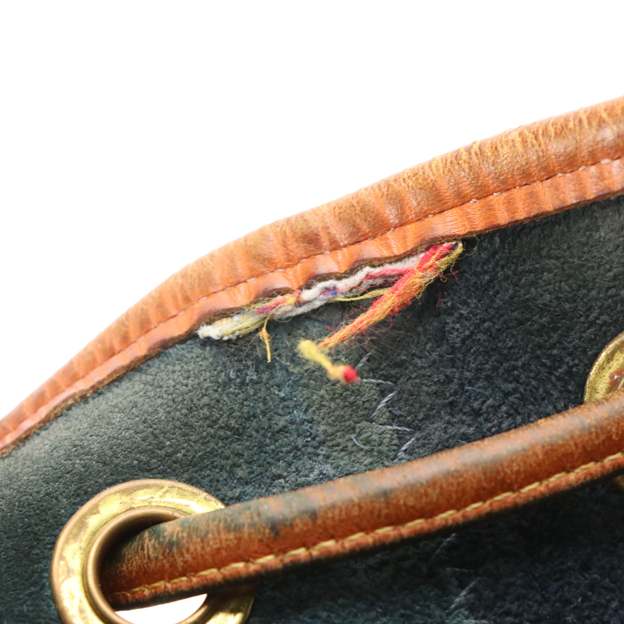 Dooney & Bourke Drawstring Bucket Bag in Navy Blue All-Weather & Brown Leather