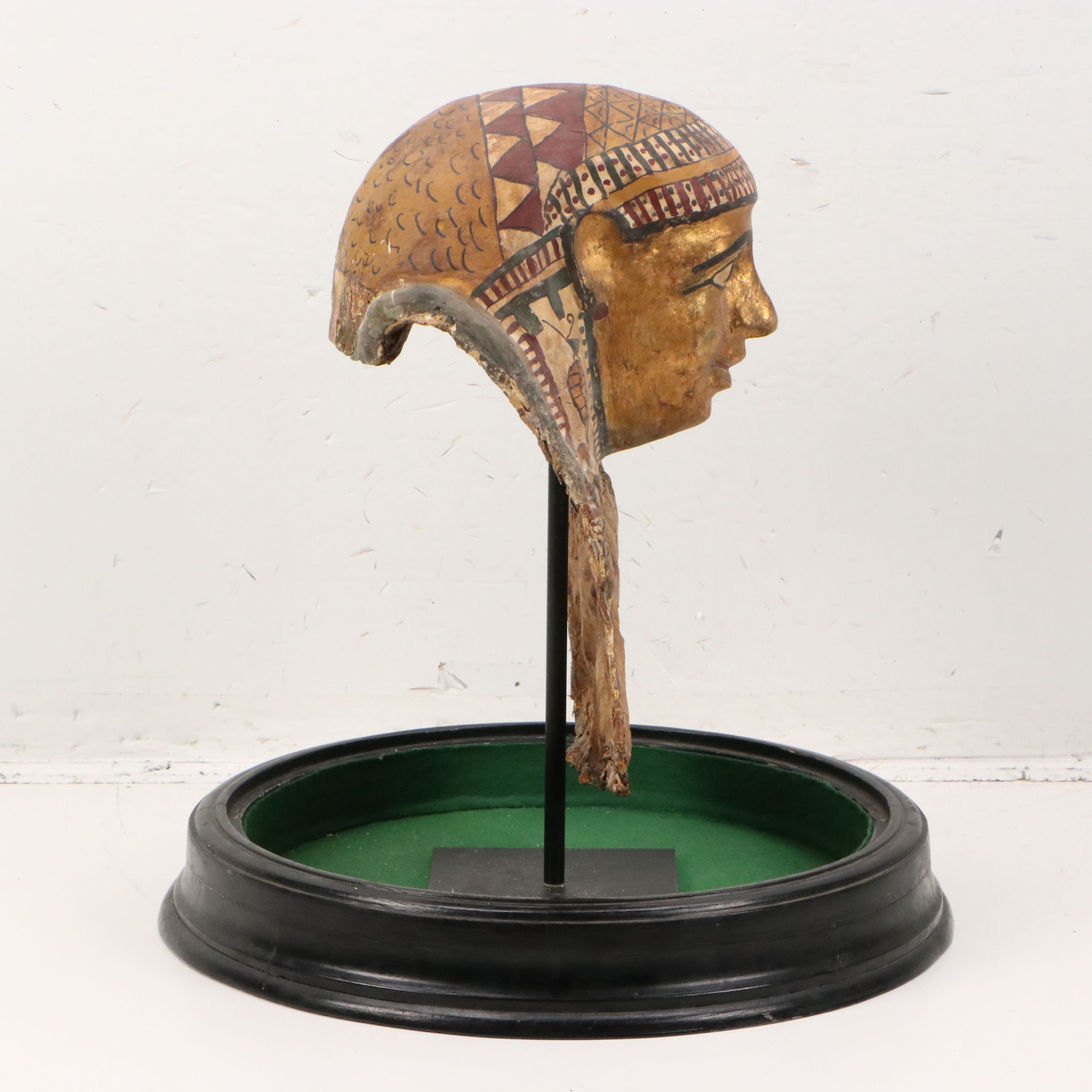 Egyptian Sarcophagus Helmet Mask in Glass Case, 1st to 2nd Century CE