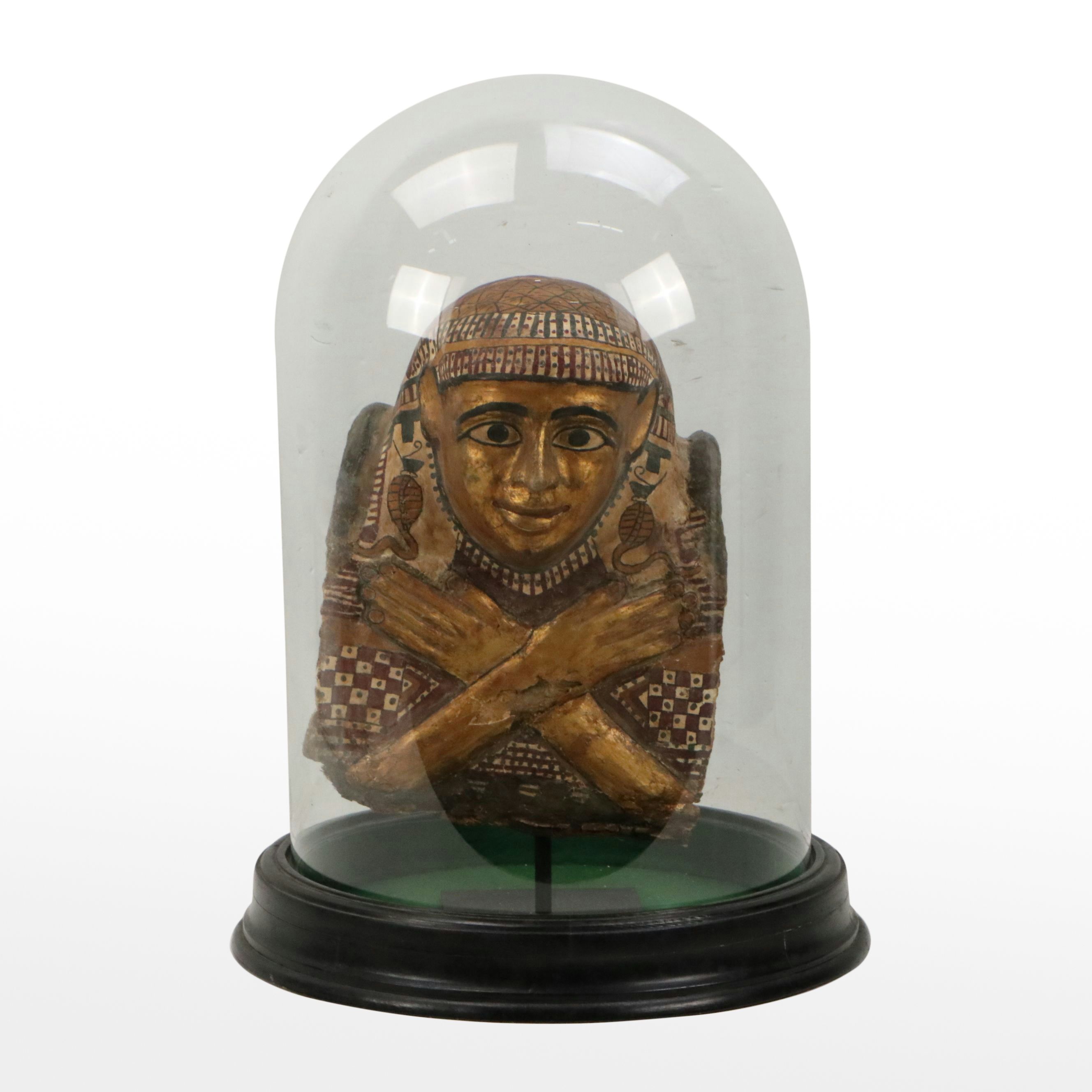 Egyptian Sarcophagus Helmet Mask in Glass Case, 1st to 2nd Century CE