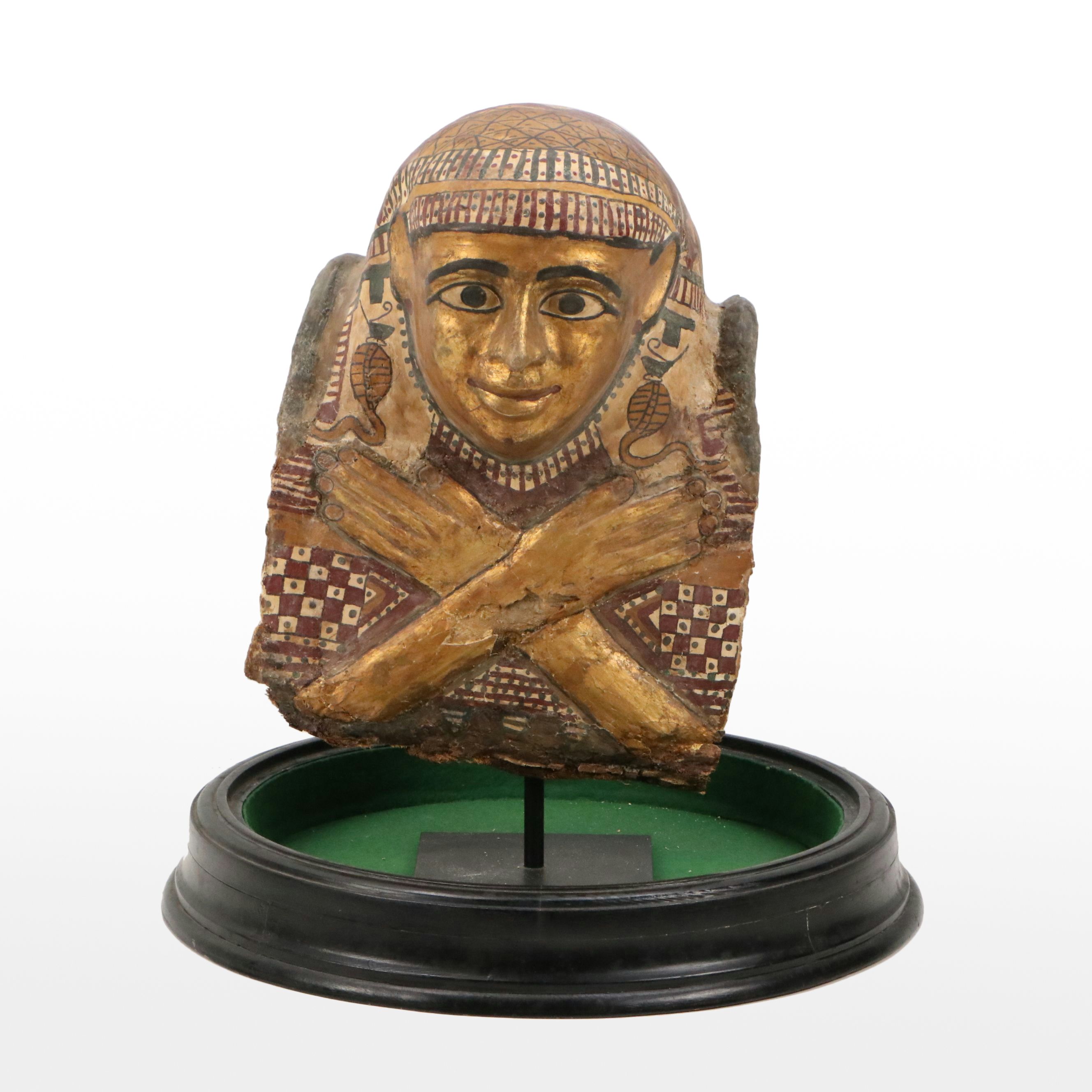 Egyptian Sarcophagus Helmet Mask in Glass Case, 1st to 2nd Century CE