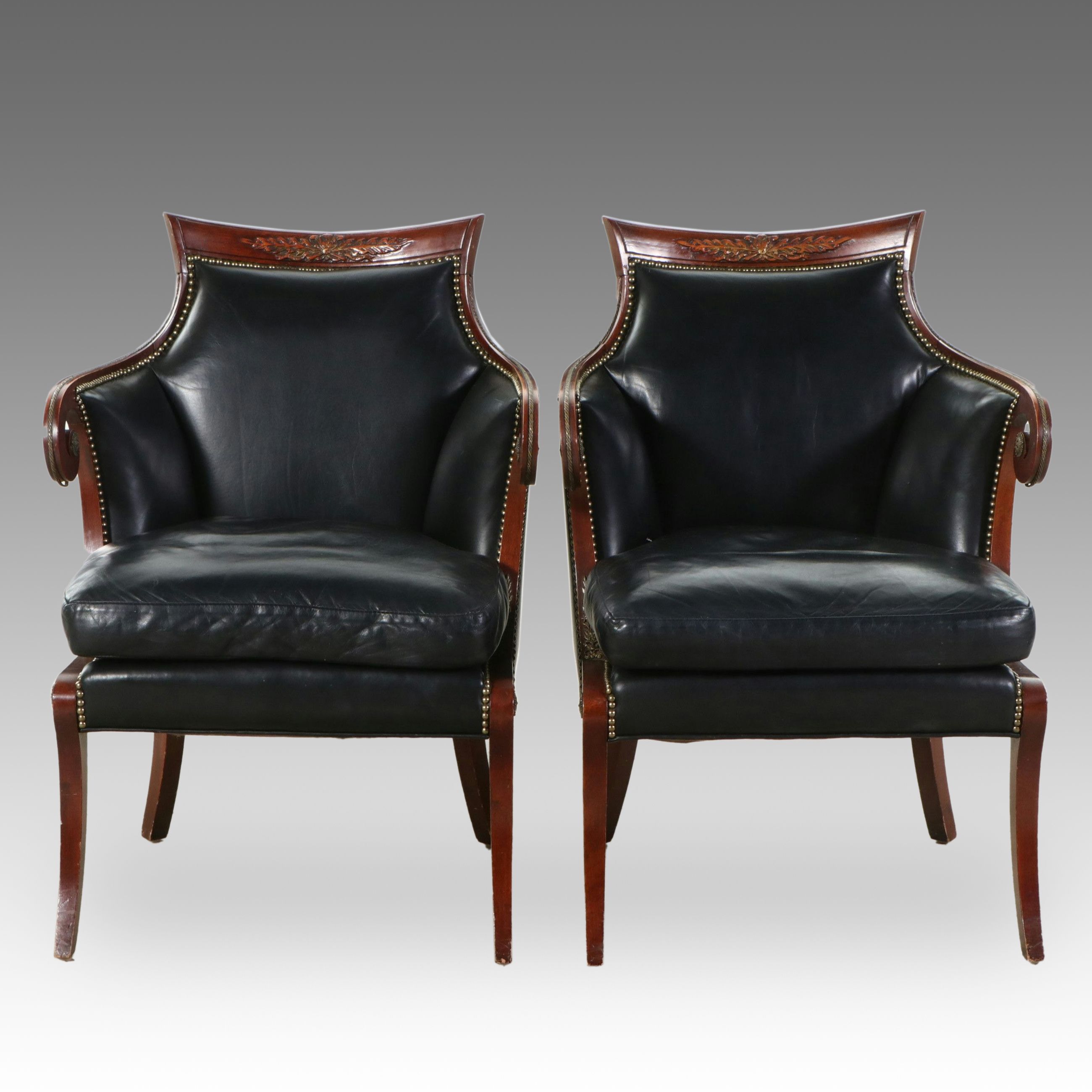 Pair of Neoclassical Style Leather Upholstered Library Chairs