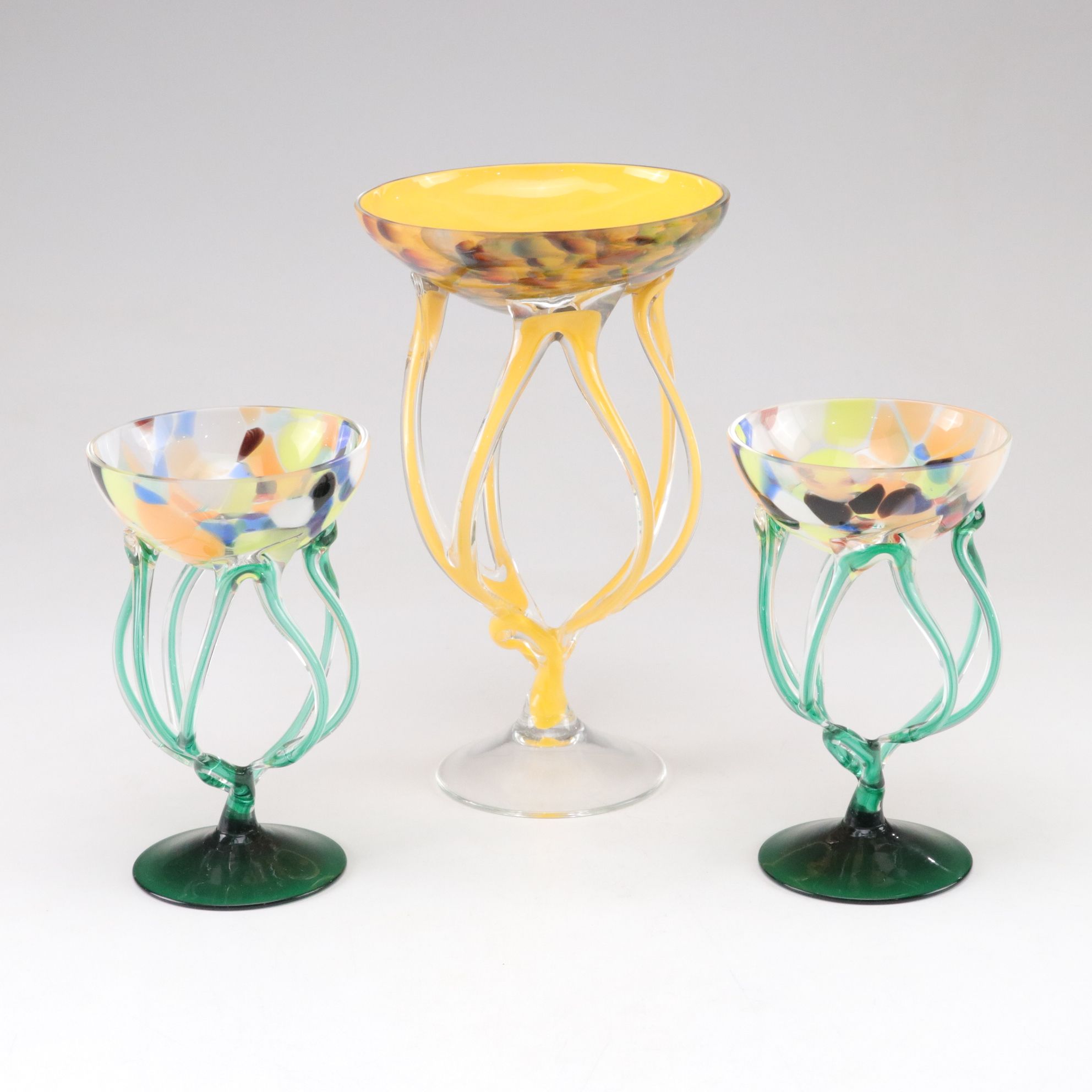 Jozefina Krosno Hand-Blown Art Glass "Jellyfish" Compote in Green and Yellow