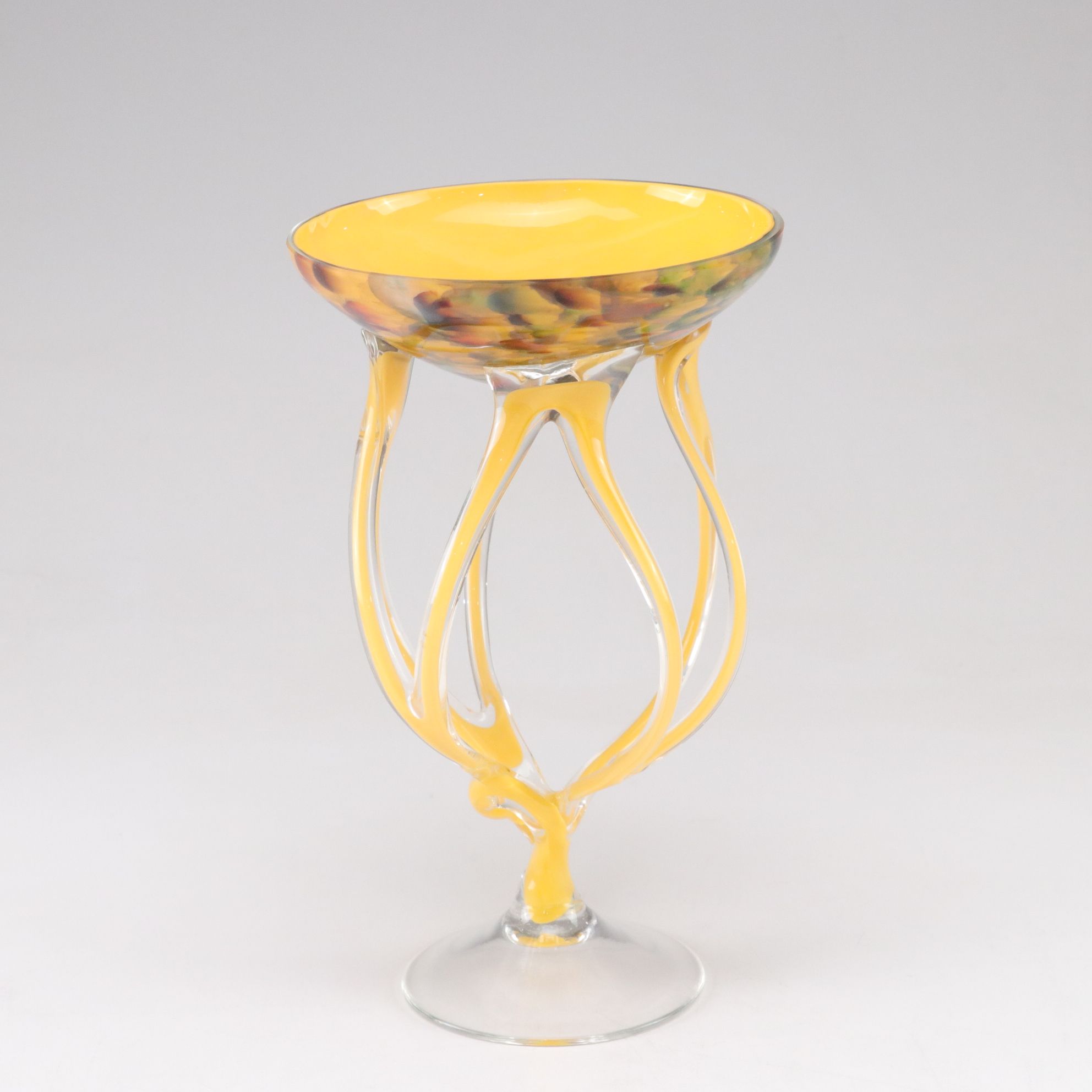 Jozefina Krosno Hand-Blown Art Glass "Jellyfish" Compote in Green and Yellow
