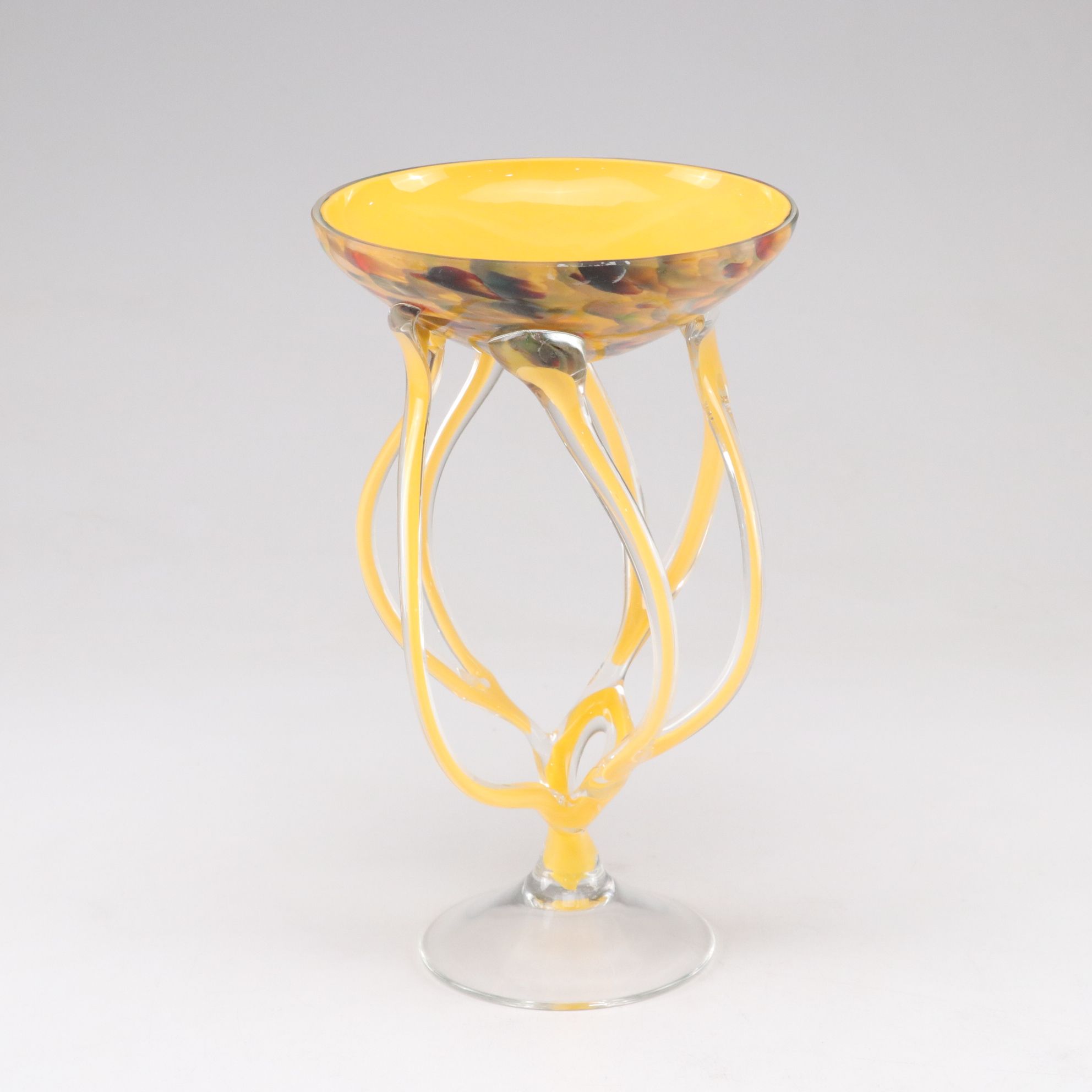 Jozefina Krosno Hand-Blown Art Glass "Jellyfish" Compote in Green and Yellow