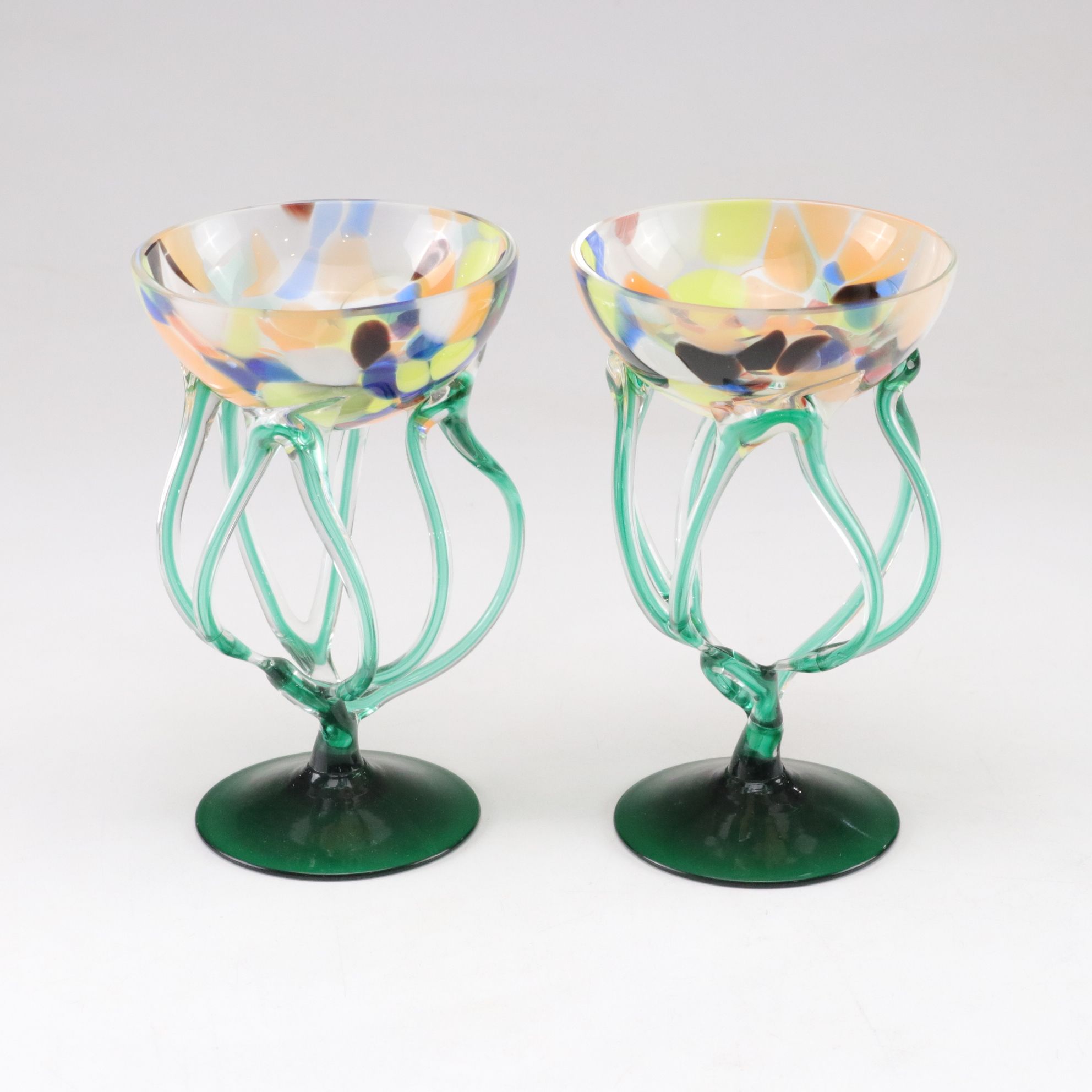 Jozefina Krosno Hand-Blown Art Glass "Jellyfish" Compote in Green and Yellow