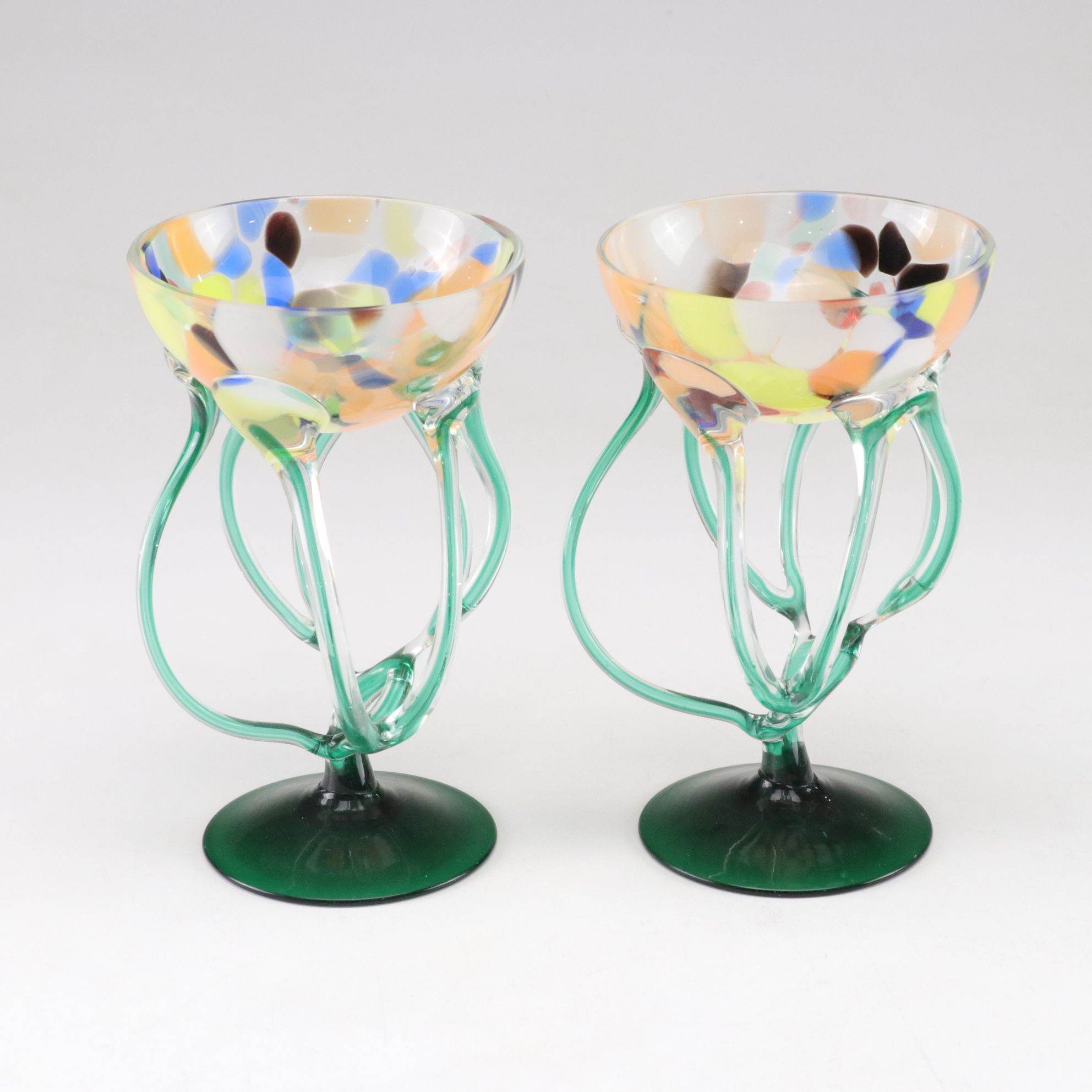 Jozefina Krosno Hand-Blown Art Glass "Jellyfish" Compote in Green and Yellow