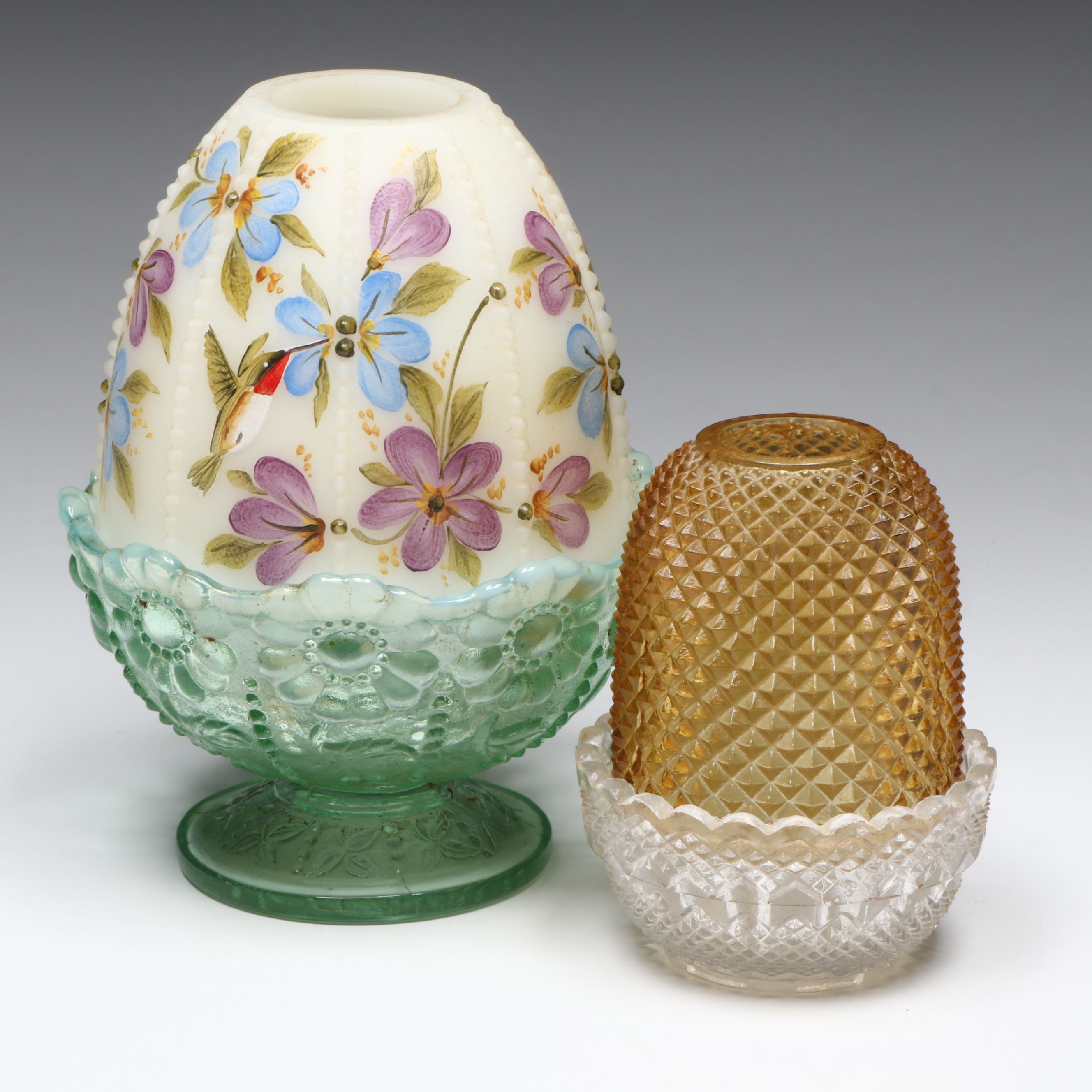 Fenton Hand-Painted Floral Glass Fairy Lamp with S. Clarke Fairy Lamp