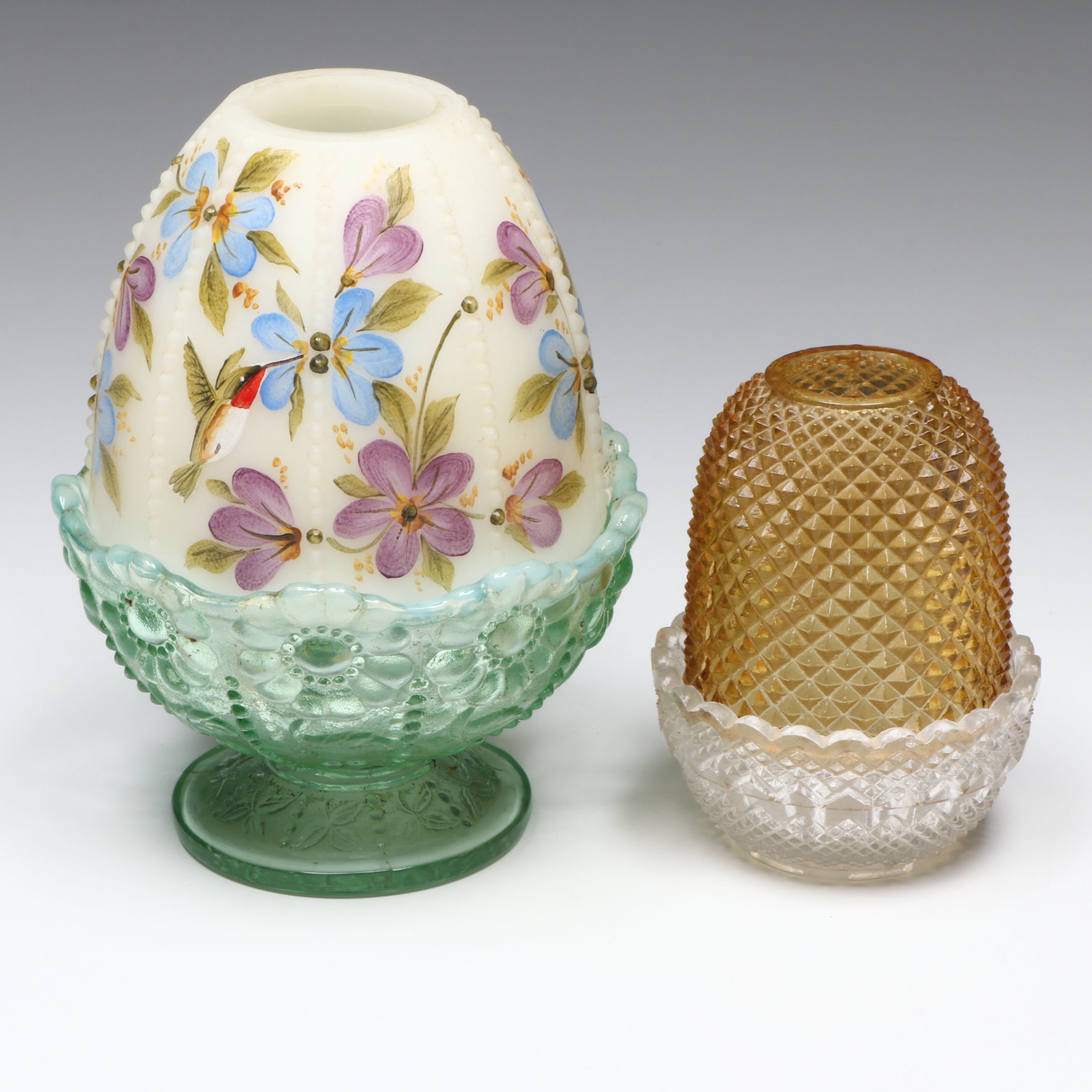 Fenton Hand-Painted Floral Glass Fairy Lamp with S. Clarke Fairy Lamp