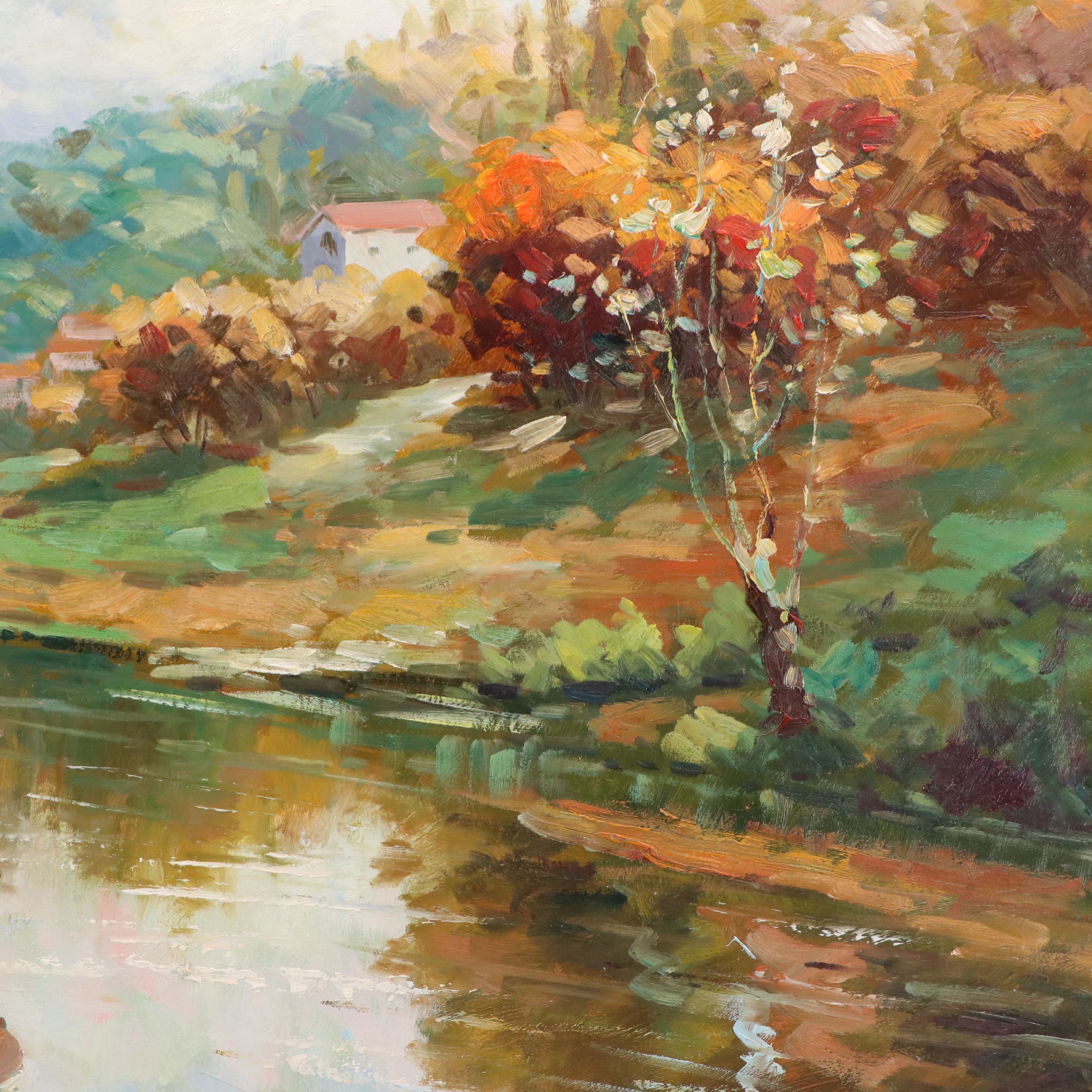 Oil Painting of Bucolic Riverside Rowboats, 21st Century