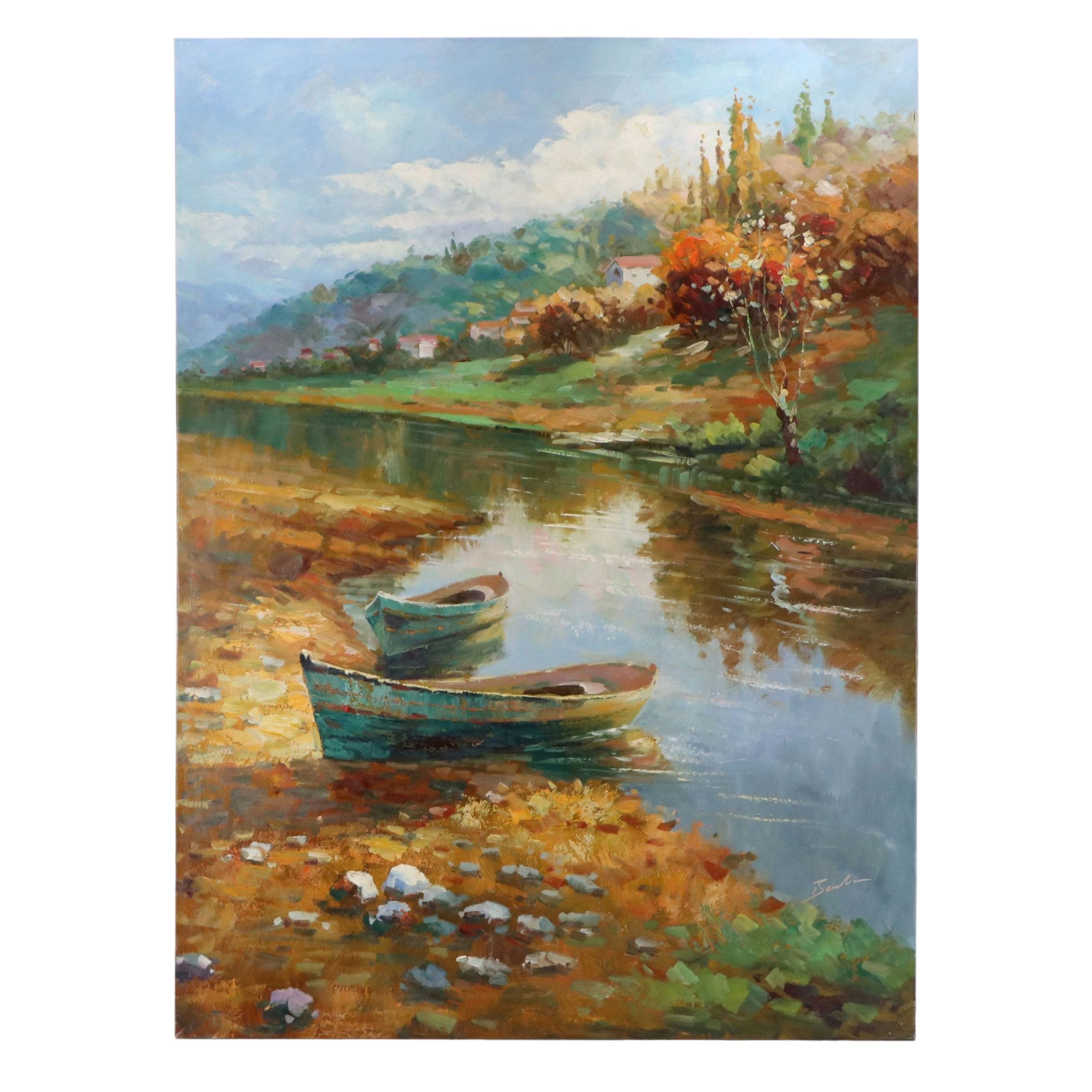 Oil Painting of Bucolic Riverside Rowboats, 21st Century