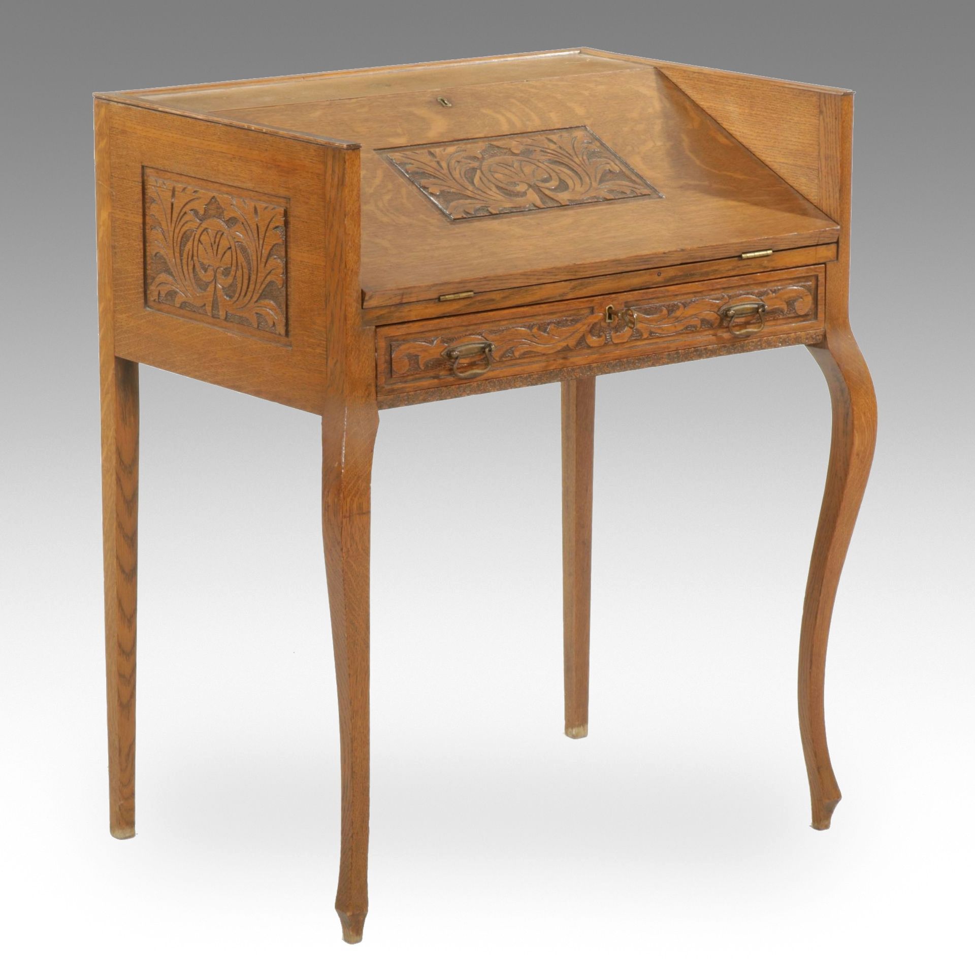 Arts and Crafts Carved Oak Writing Desk, Late 19th to Early 20th Century