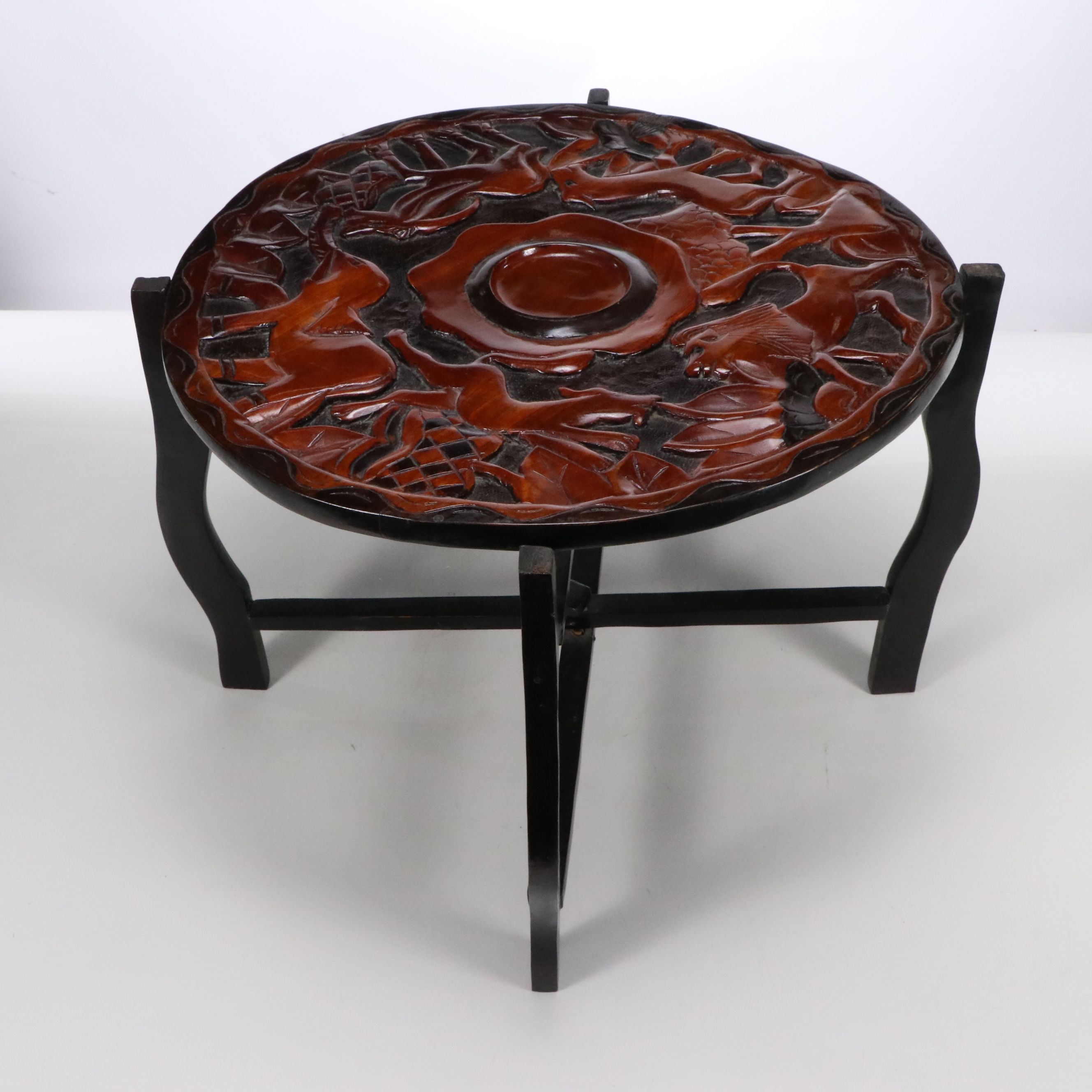 Reversible Wooden Chess Game Table with Carved Animals