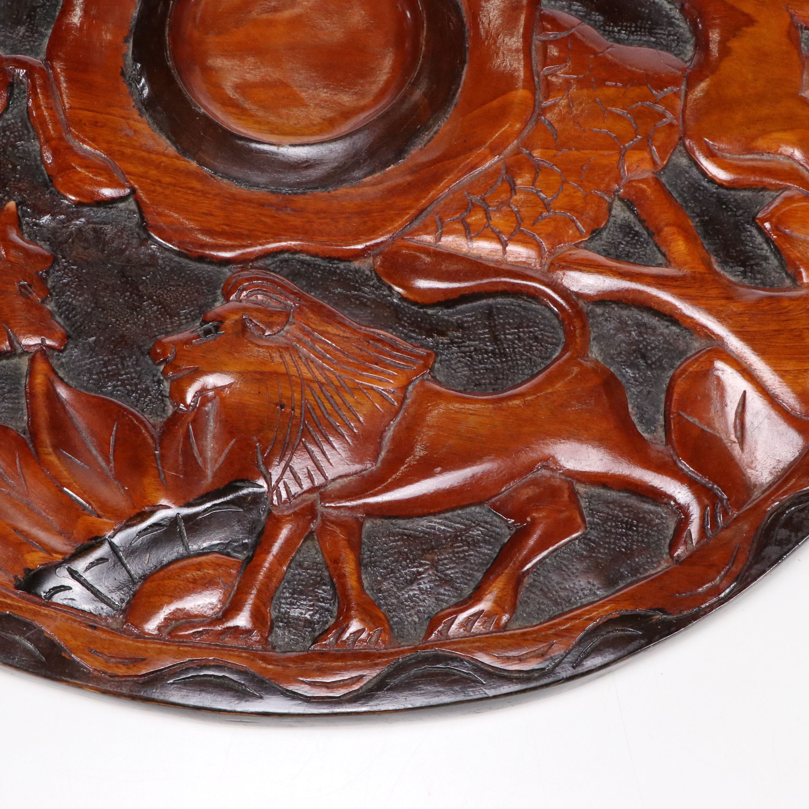 Reversible Wooden Chess Game Table with Carved Animals