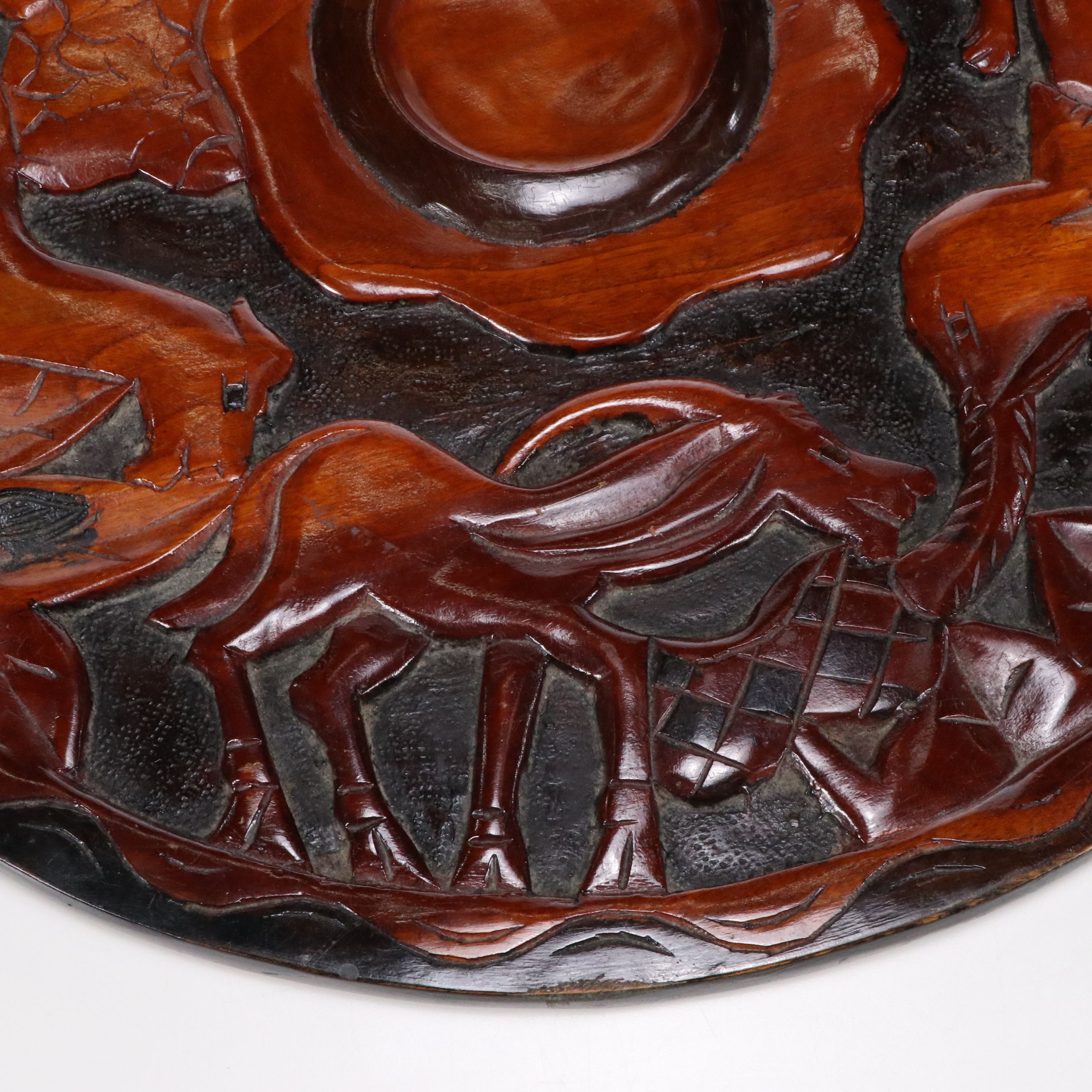 Reversible Wooden Chess Game Table with Carved Animals