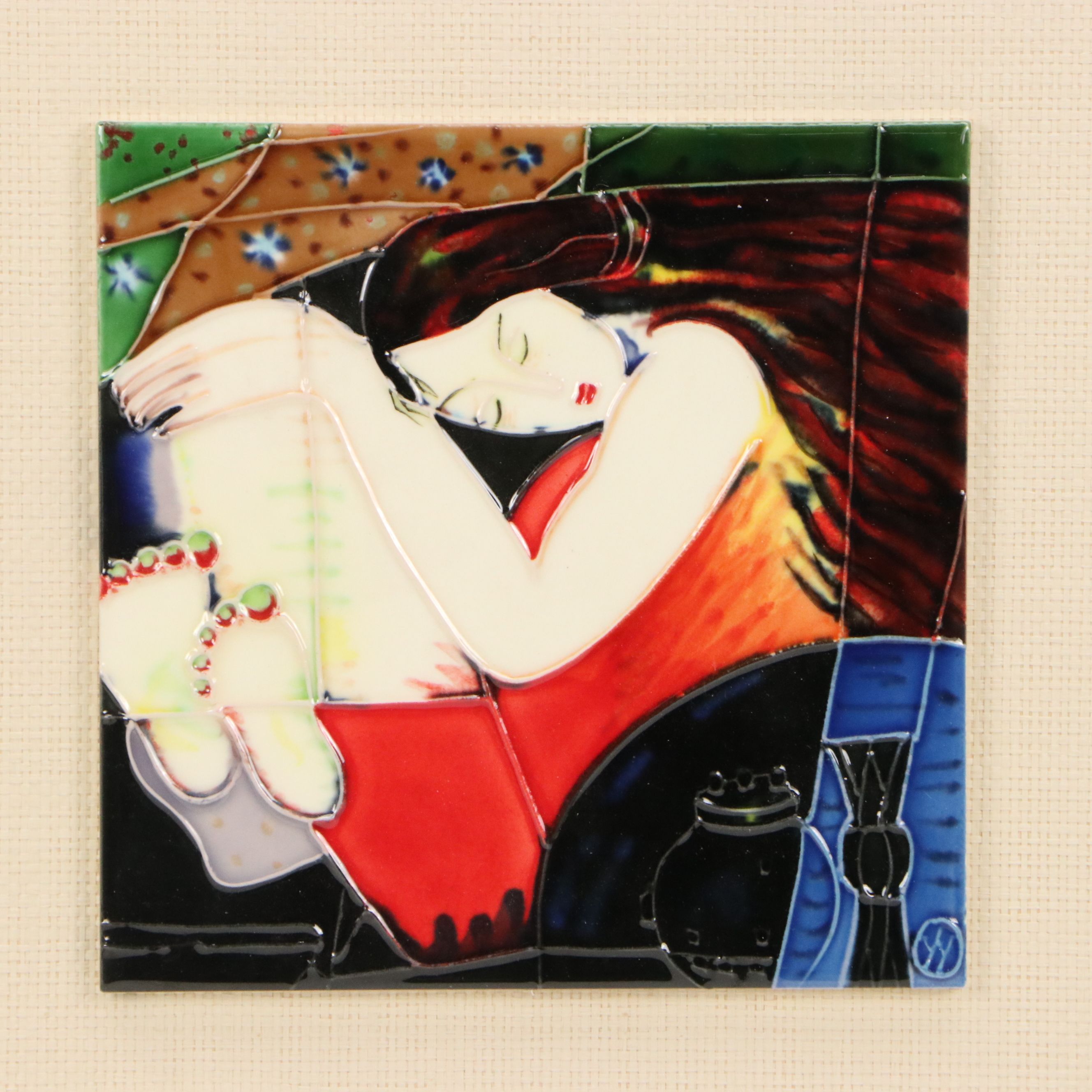 Yang Yang Figural Glazed Tile Art "Dreaming"