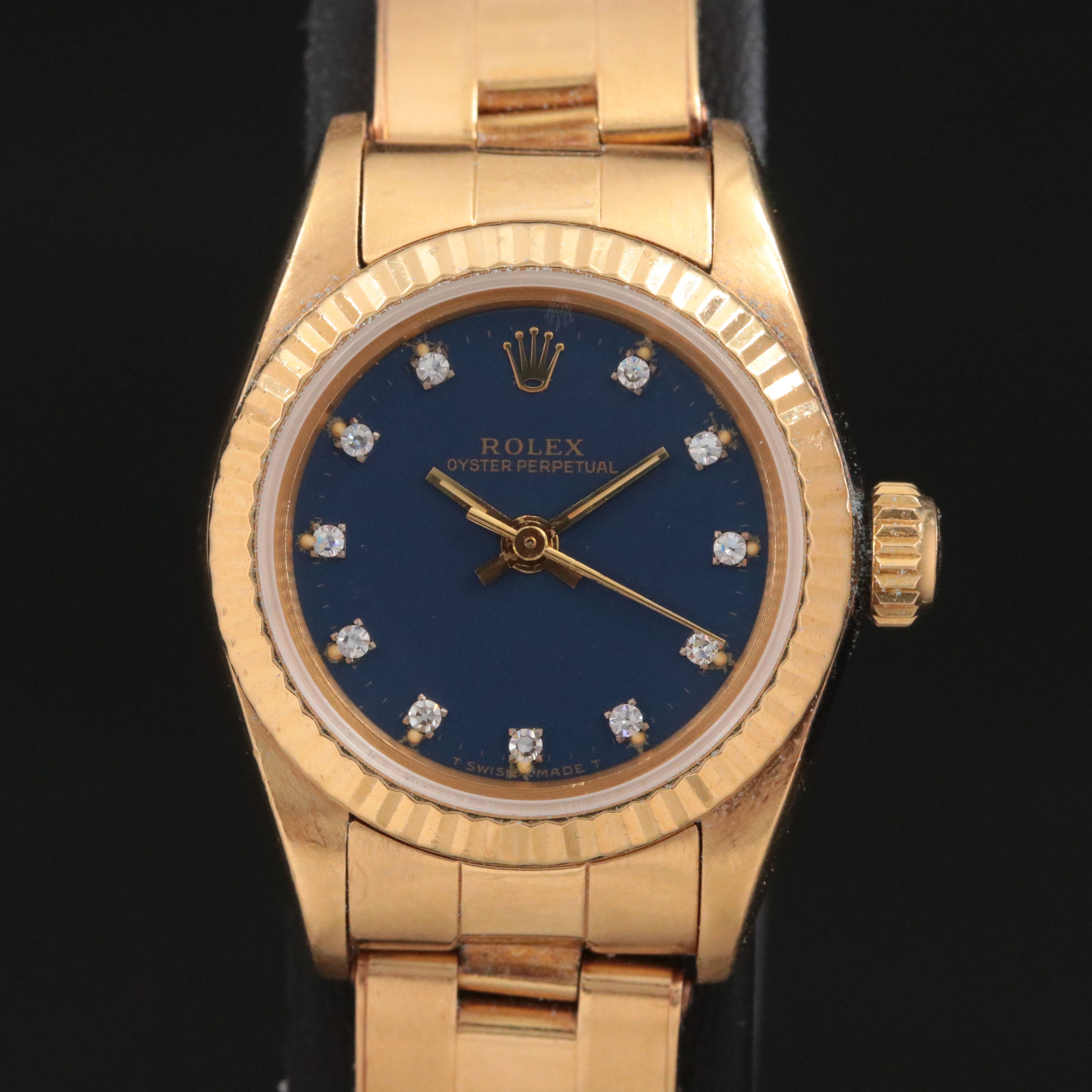 18K Rolex Blue Factory Diamond Dial Oyster Perpetual 67198 Watch