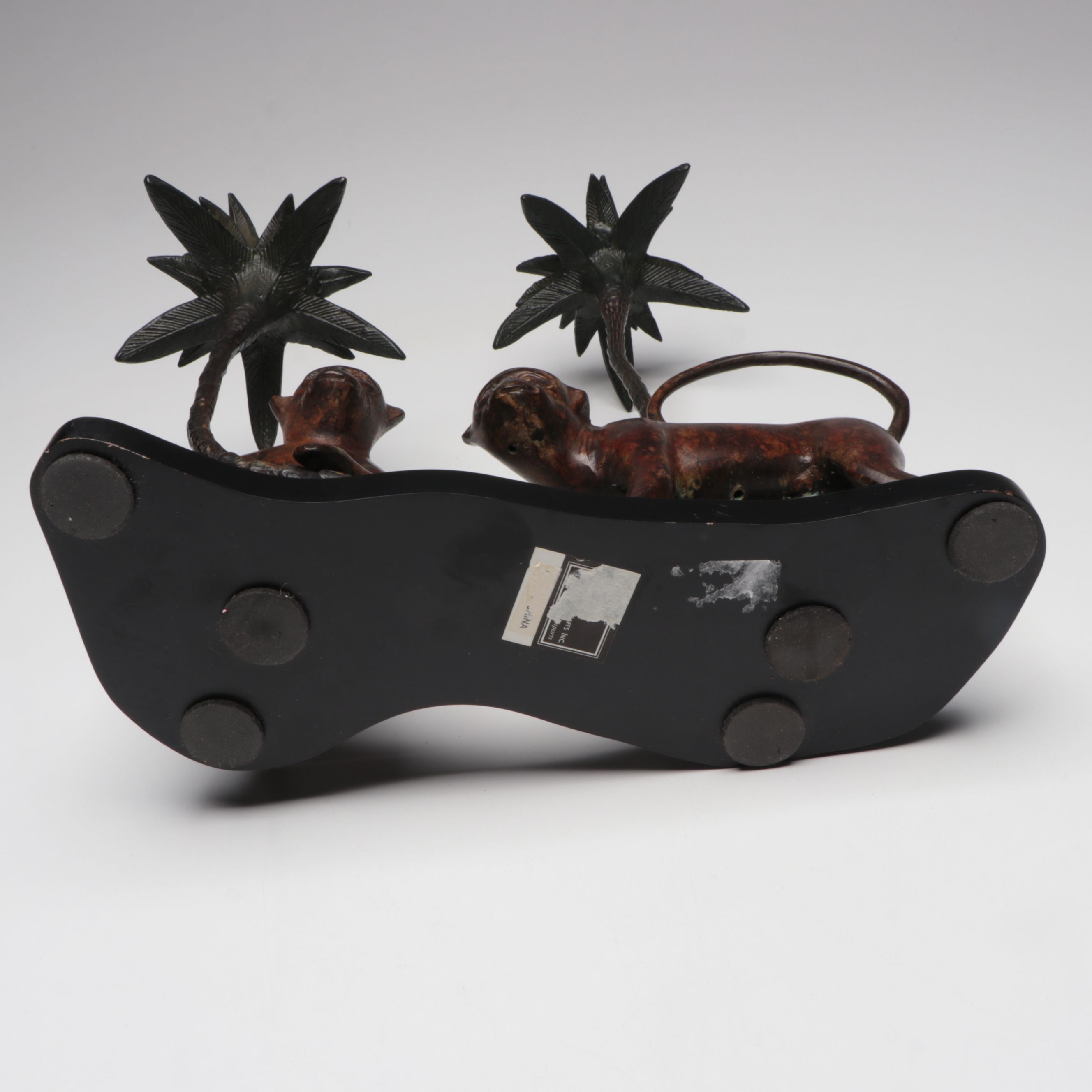 Bronze Finish Figural Monkey and Palm Tree Candle Holders