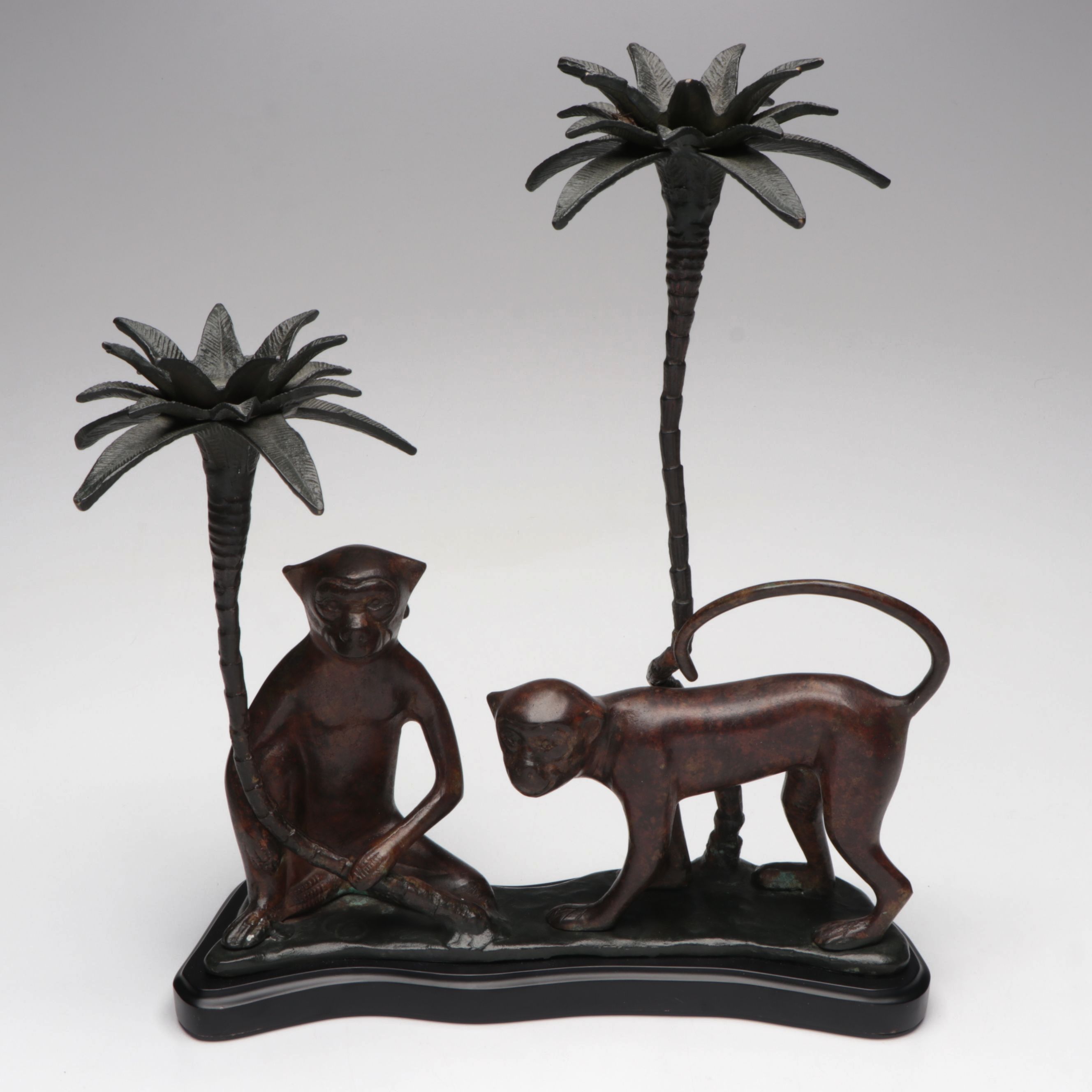 Bronze Finish Figural Monkey and Palm Tree Candle Holders