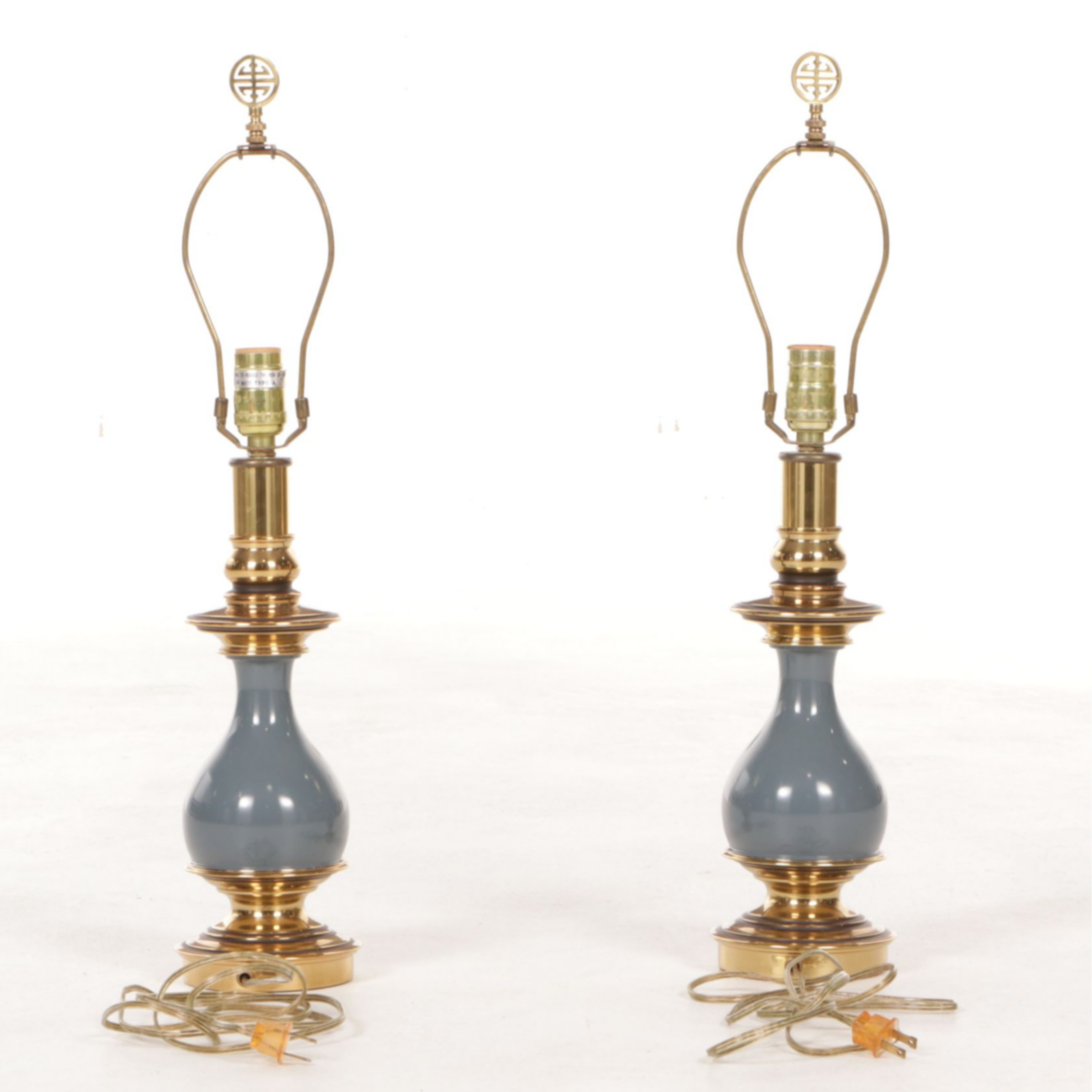 Stiffel Style Ceramic and Brass Table Lamps with Shirred Silk Shades