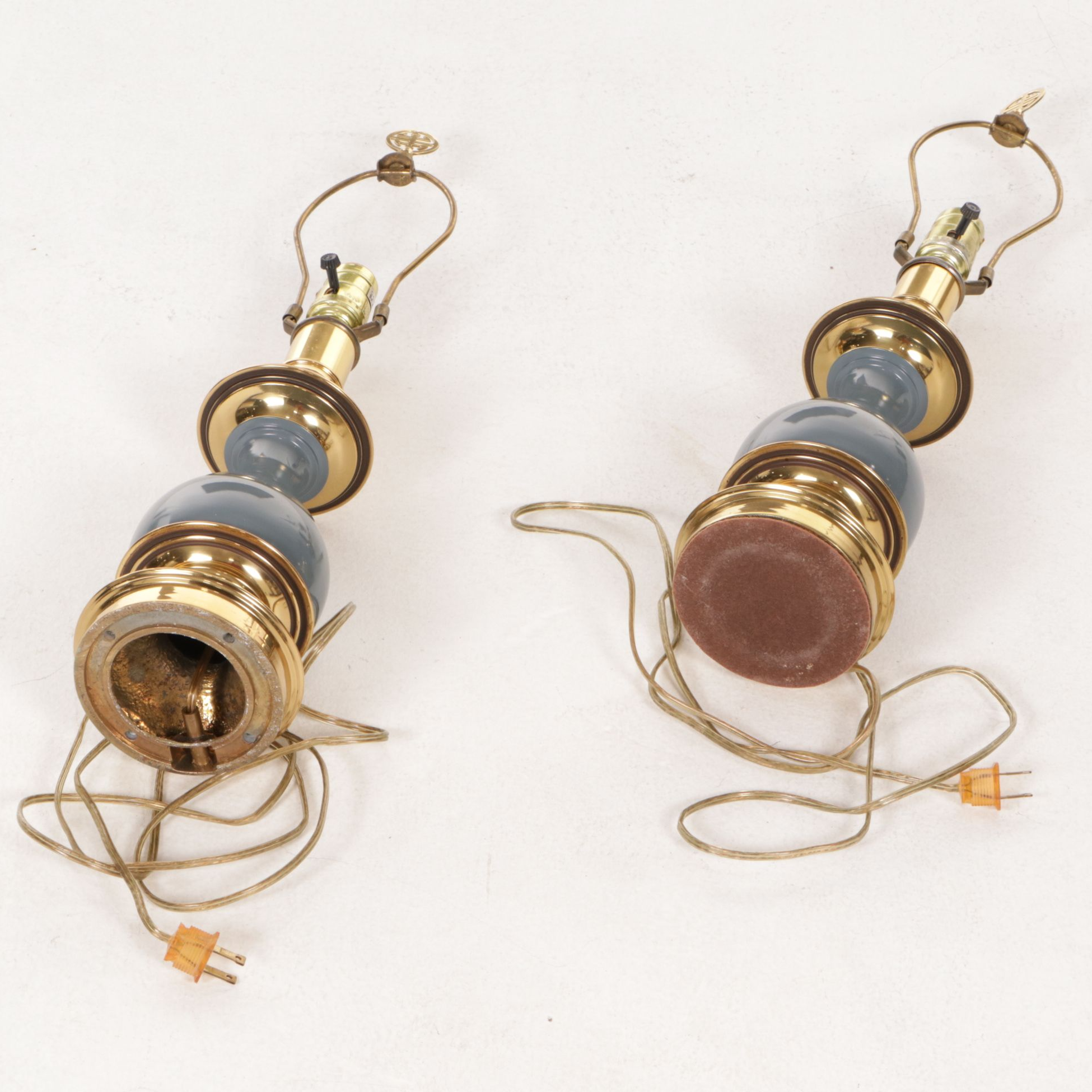 Stiffel Style Ceramic and Brass Table Lamps with Shirred Silk Shades