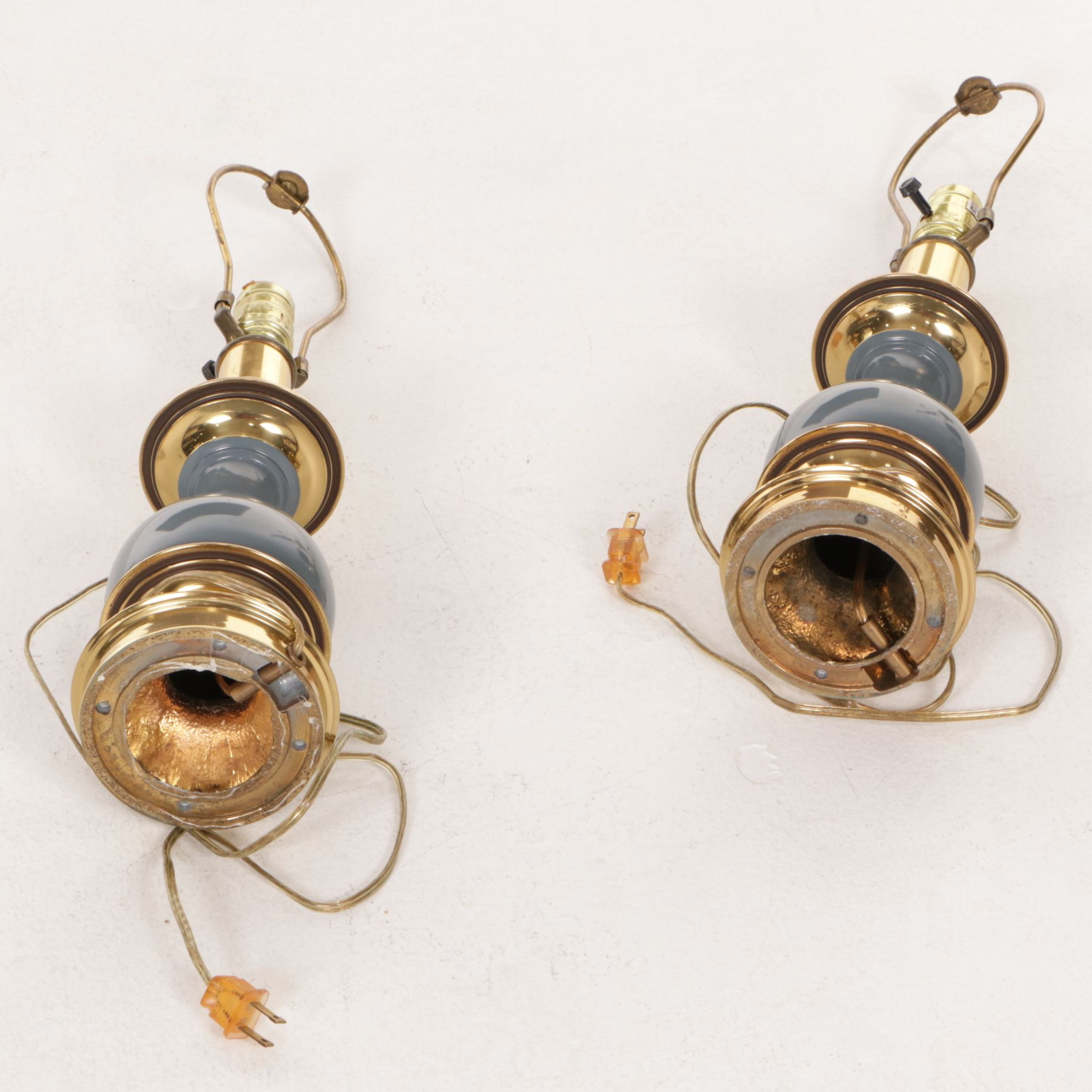 Stiffel Style Ceramic and Brass Table Lamps with Shirred Silk Shades