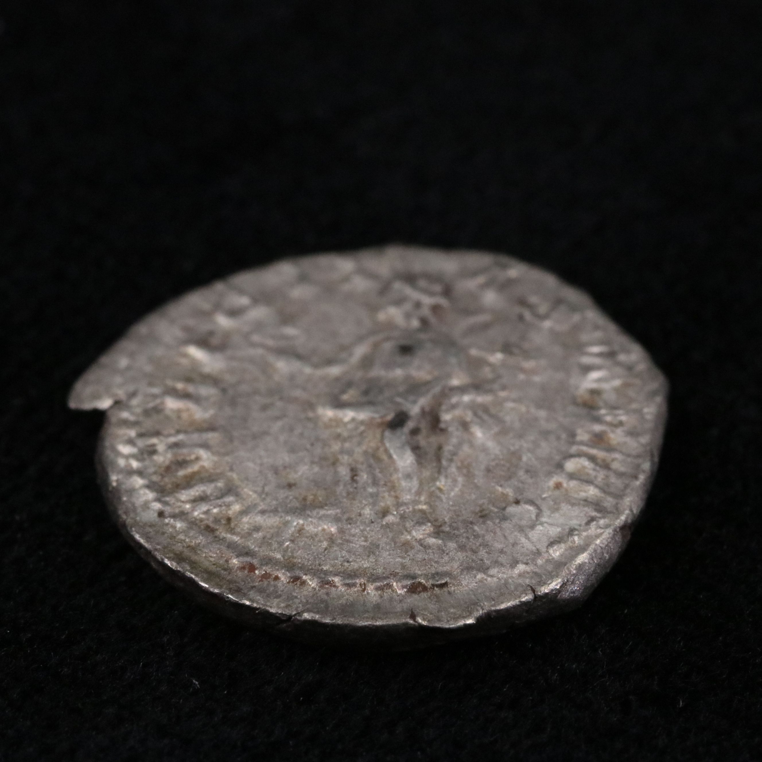 Ancient Roman Imperial AR Denarius Coin of Caracalla, ca. 201 A.D.