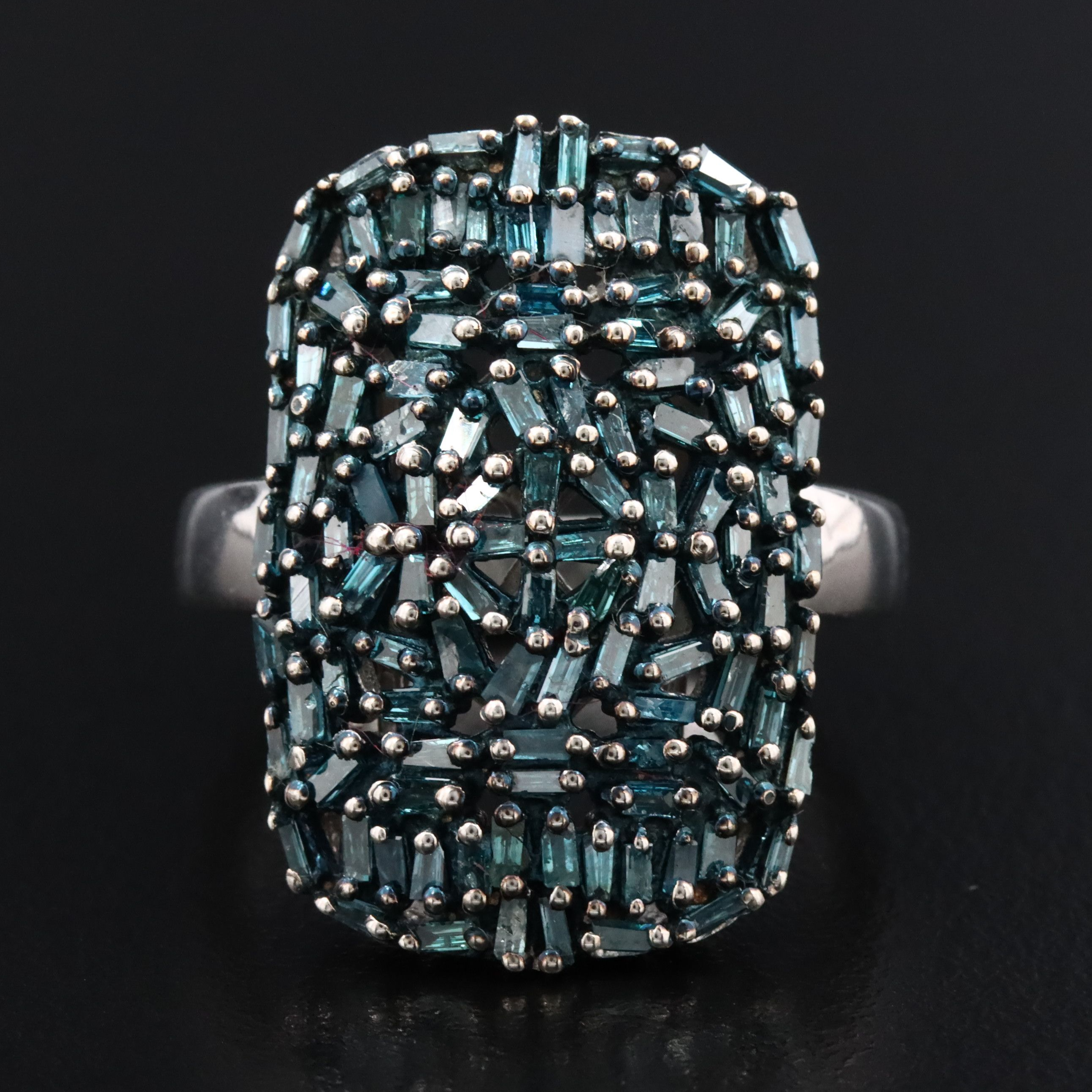 Sterling 1.00 CTW Fancy Blue Diamond Cluster Shield Ring