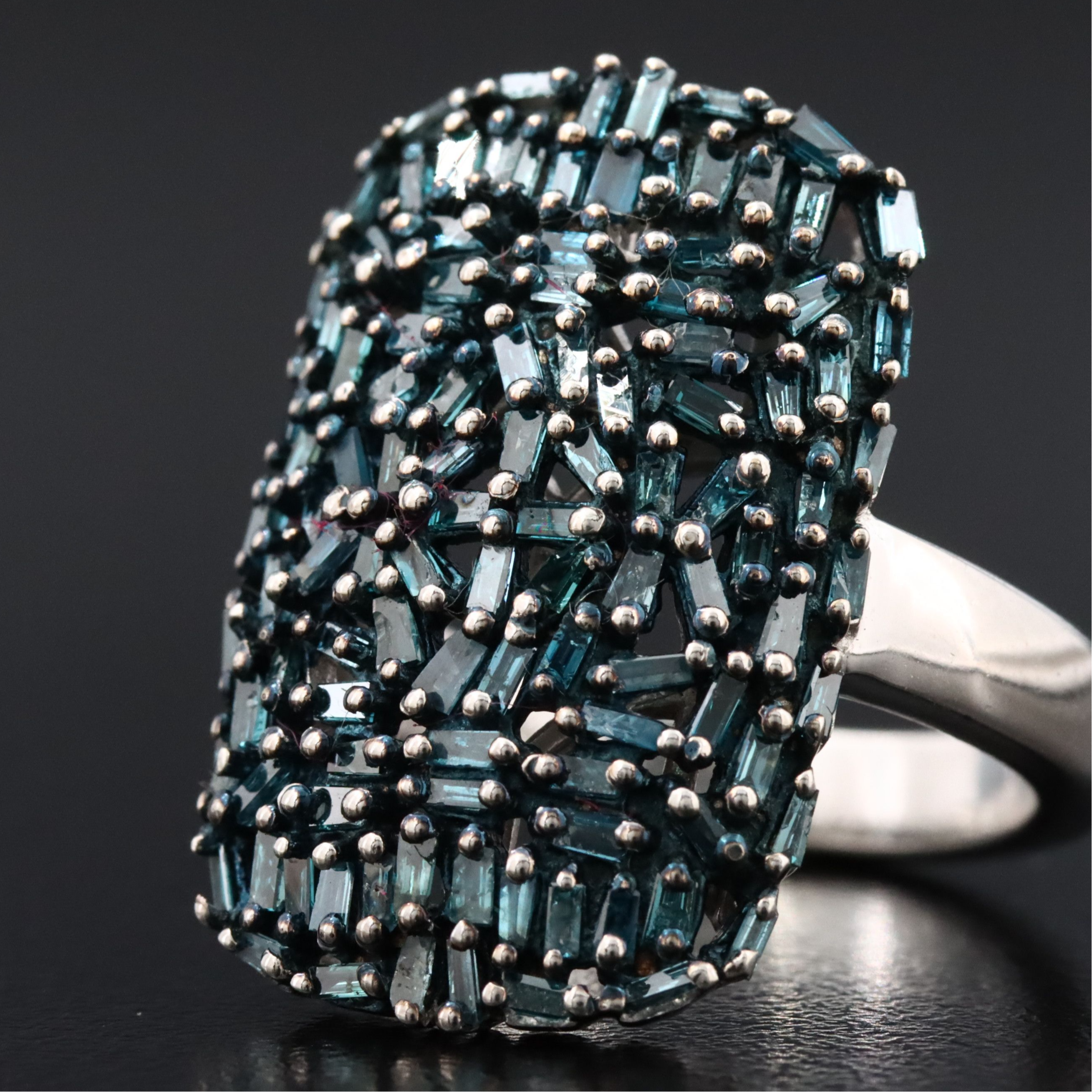 Sterling 1.00 CTW Fancy Blue Diamond Cluster Shield Ring