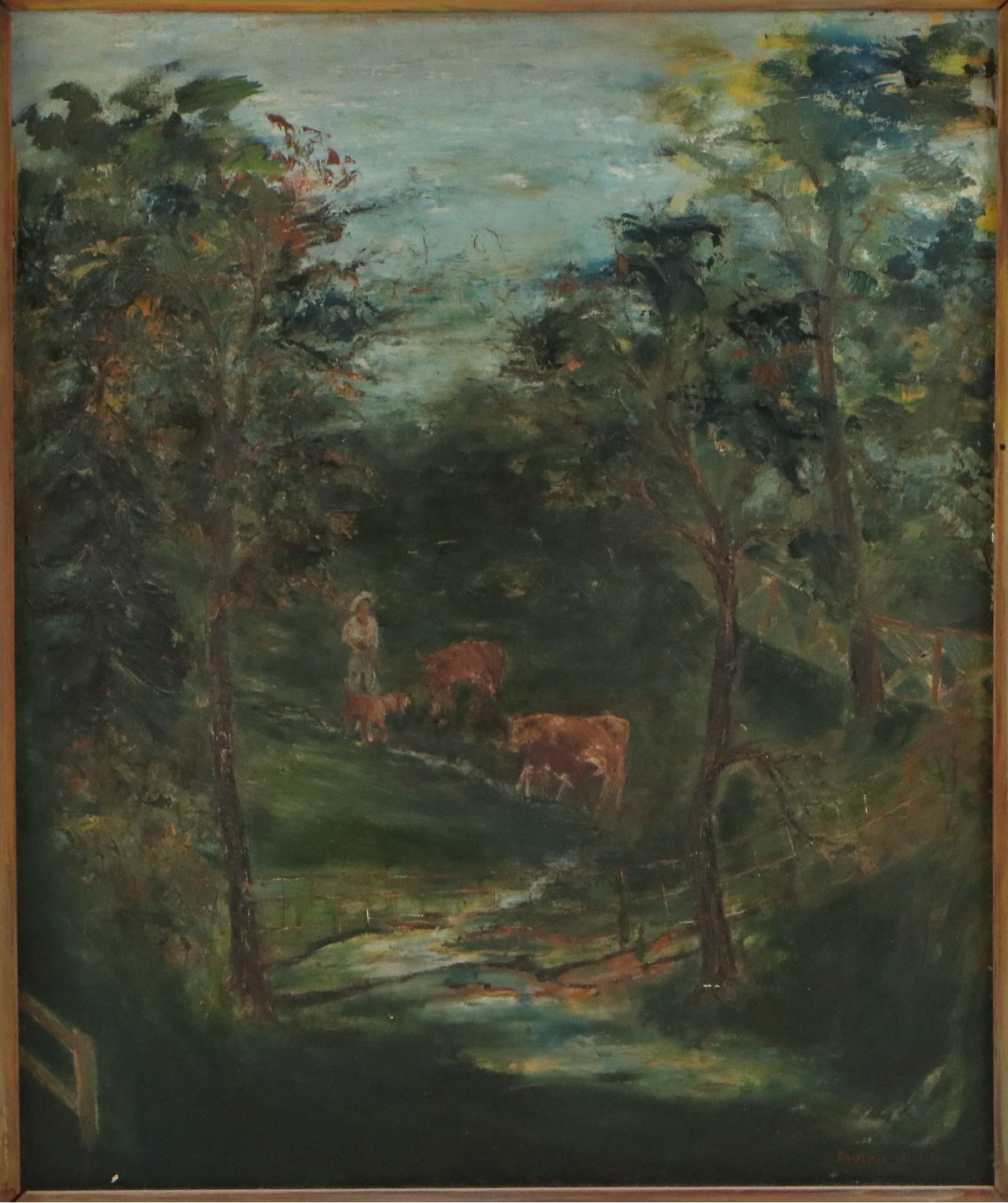 Pauline Hartlieb Oil Painting of Pasture Scene with Cows, Mid-20th Century