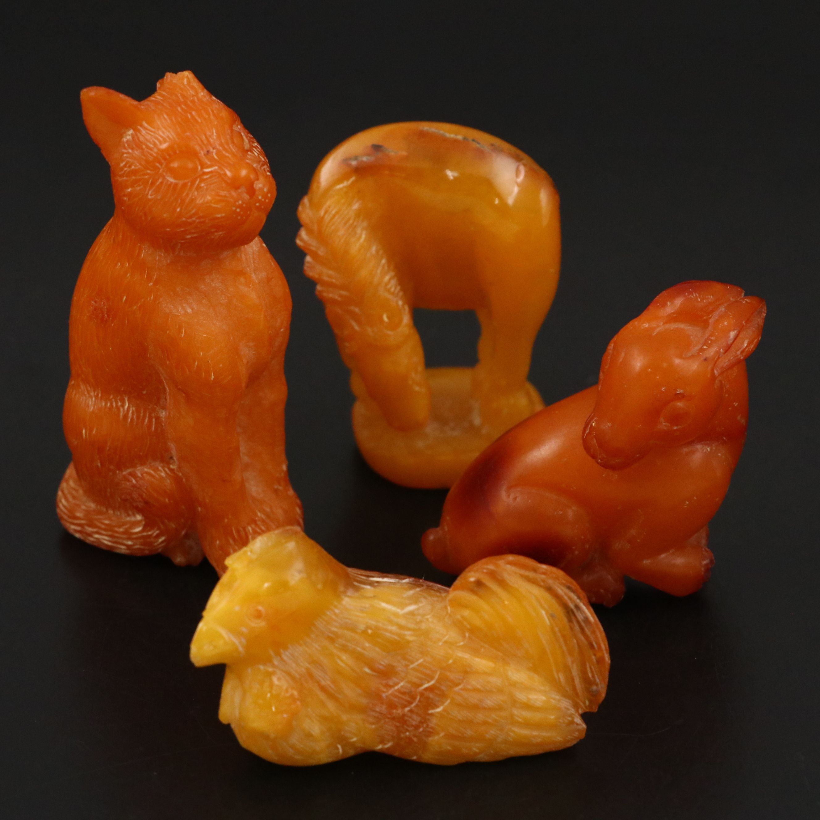Chinese Carved Mutton Fat Amber Horse, Cat and Other Animals