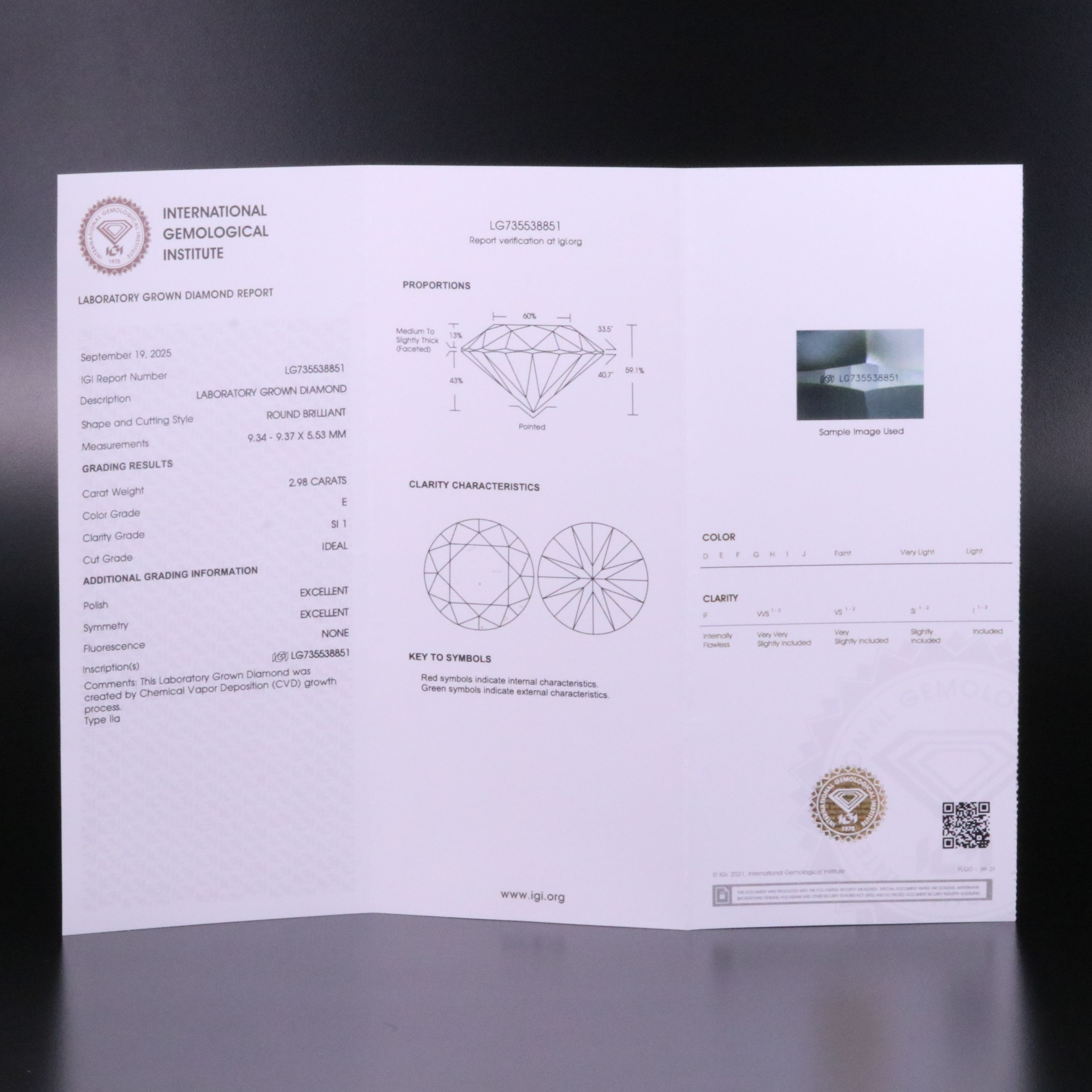 Loose 2.98 CT Lab Grown Diamond with IGI Report