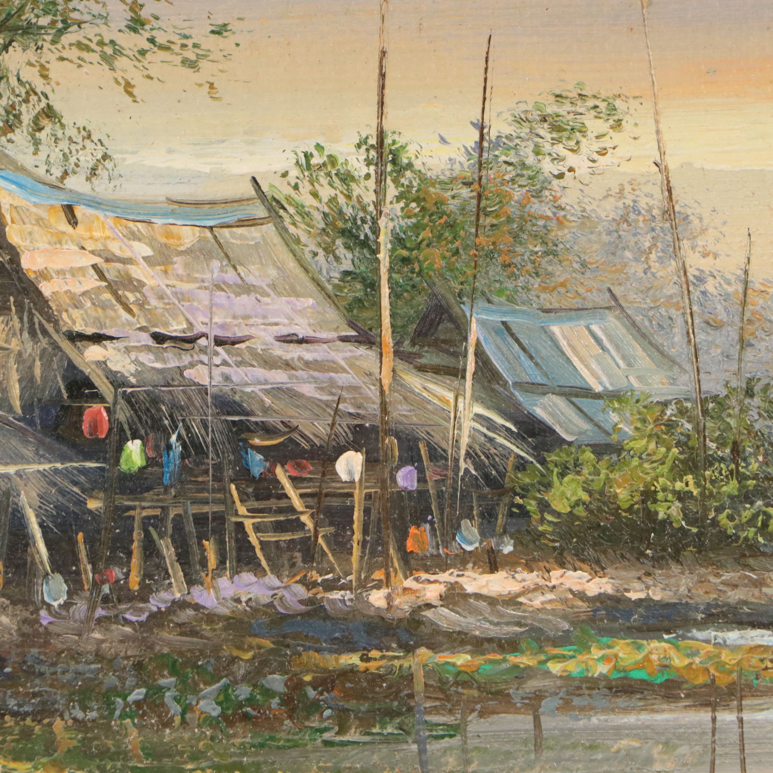 Oil Painting of Thai Fishing Village Landscape, Mid-20th Century