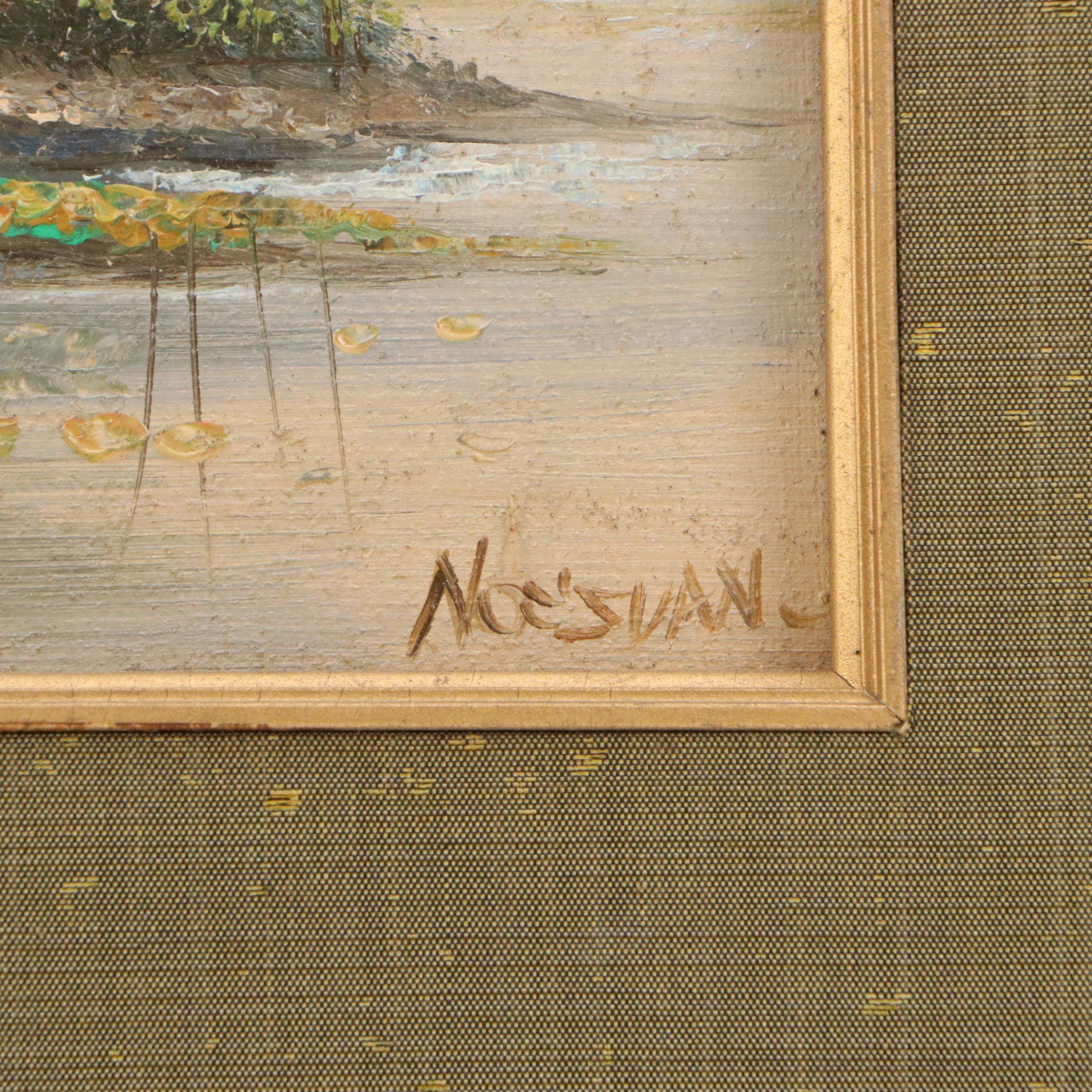 Oil Painting of Thai Fishing Village Landscape, Mid-20th Century