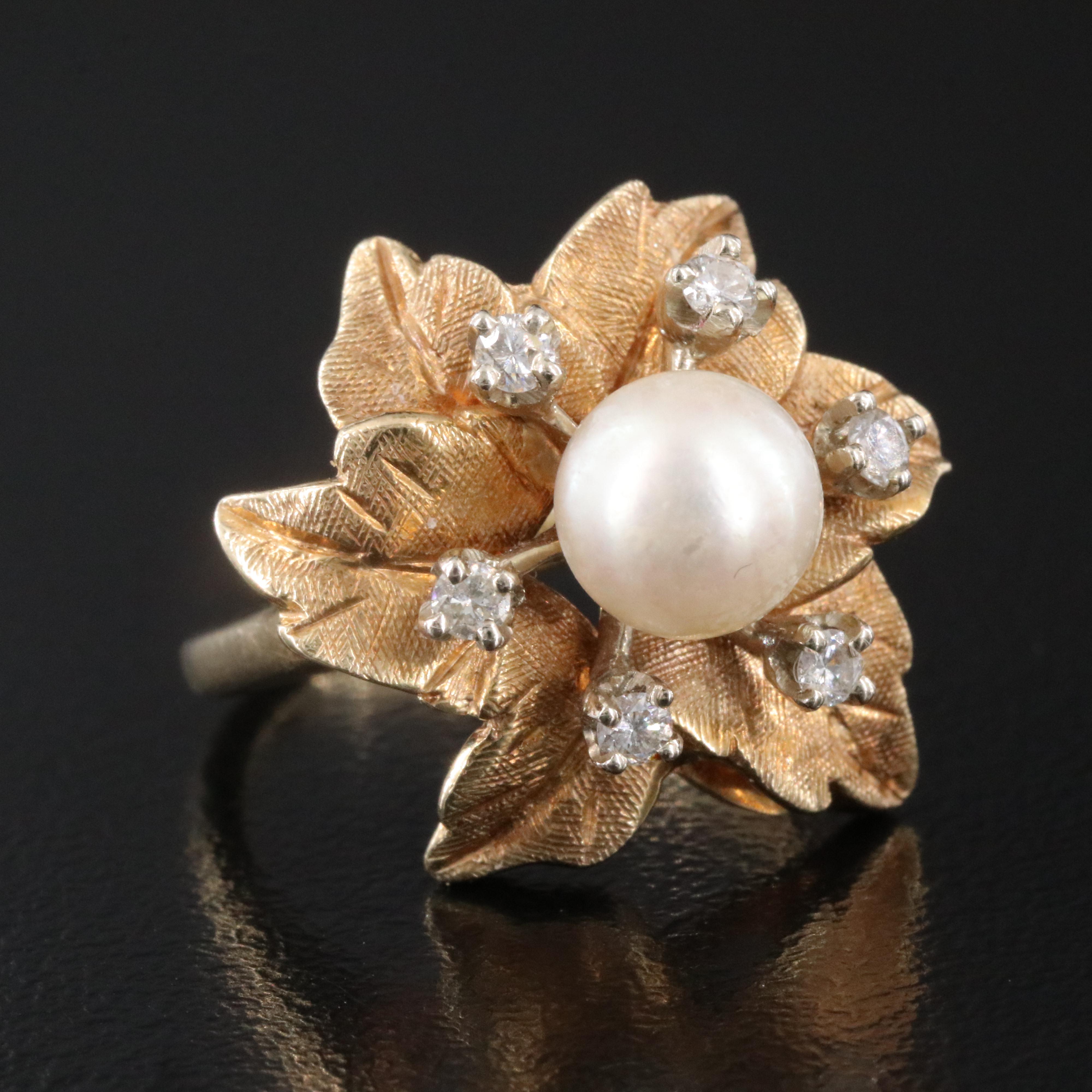 1950s 14K Pearl and Diamond Flower Ring