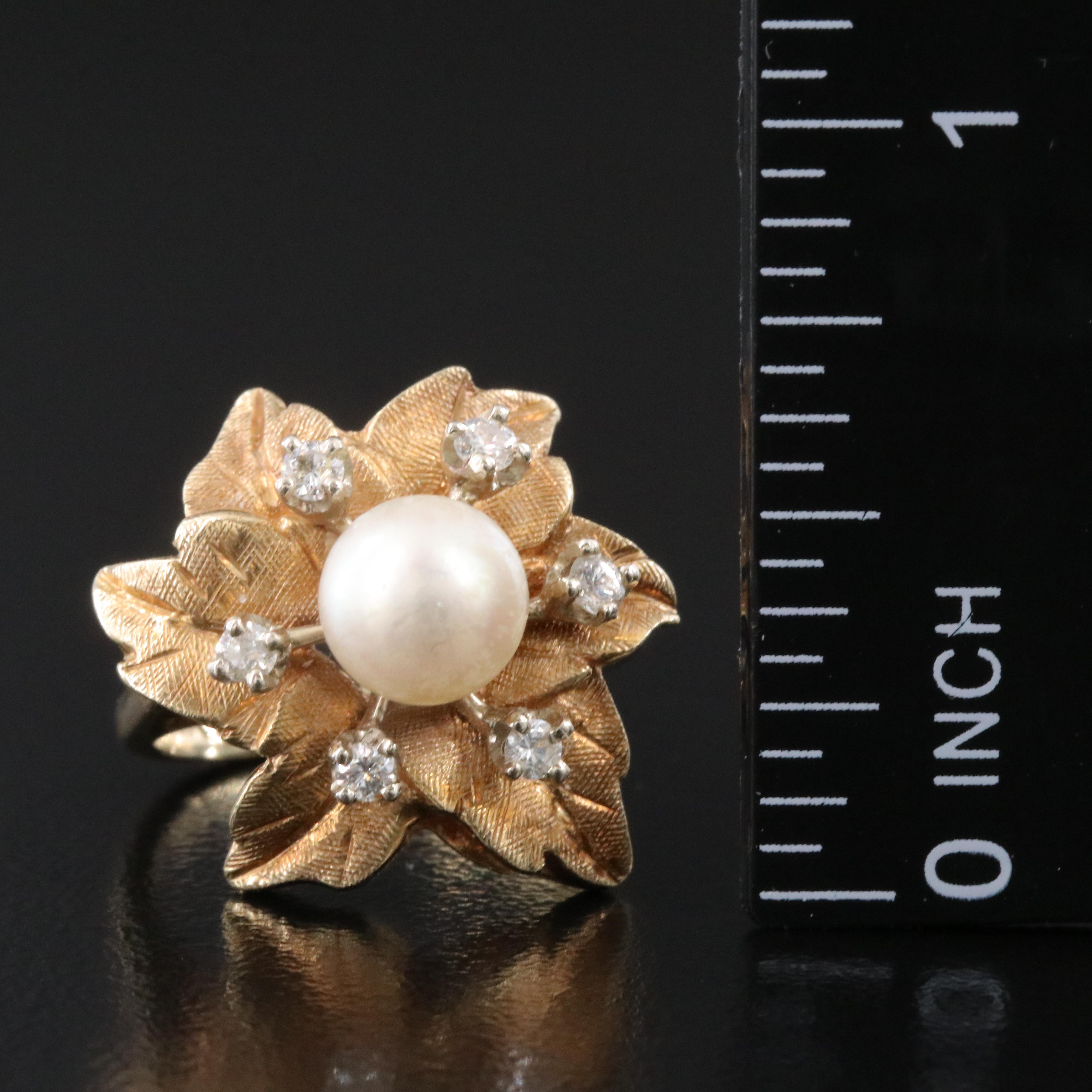 1950s 14K Pearl and Diamond Flower Ring