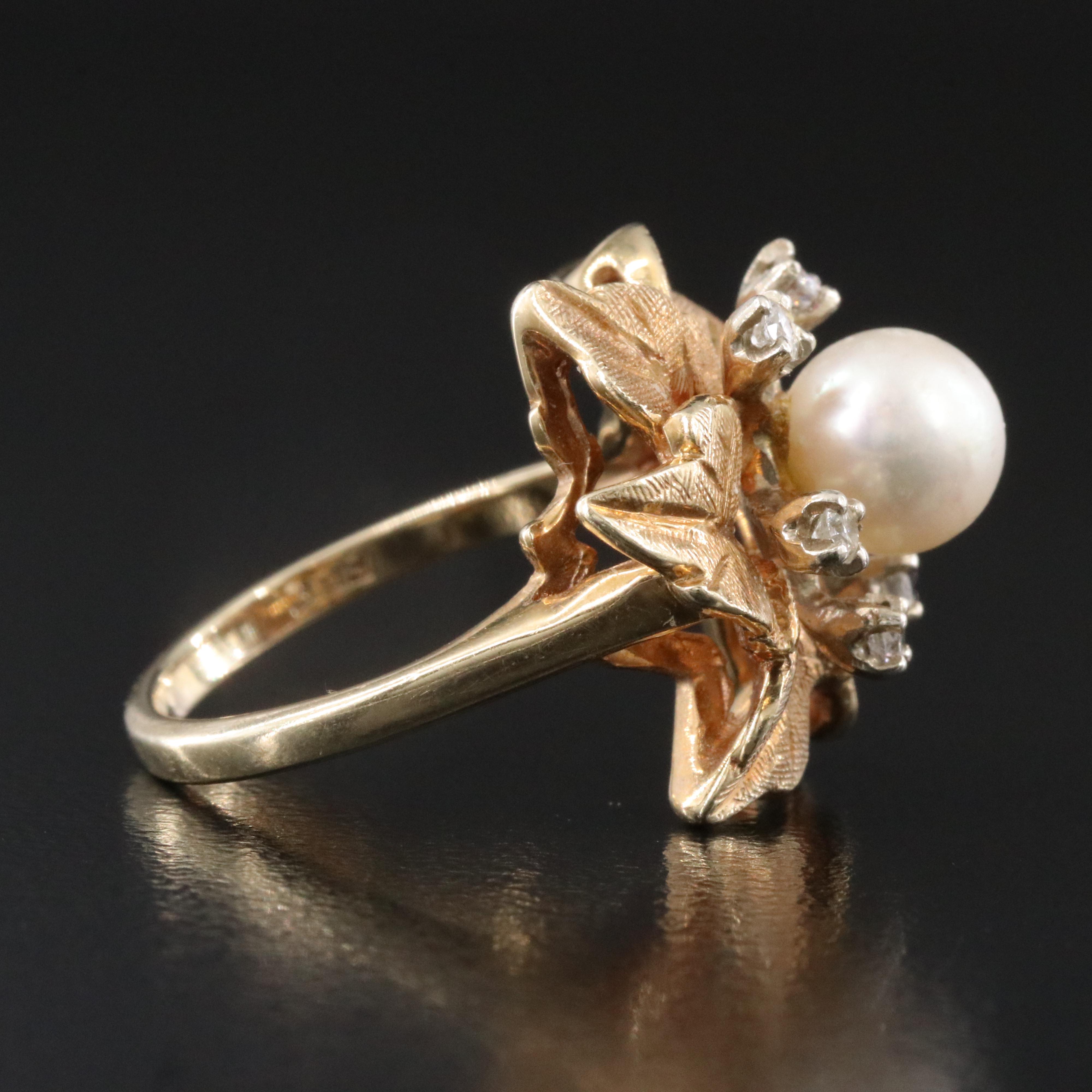 1950s 14K Pearl and Diamond Flower Ring