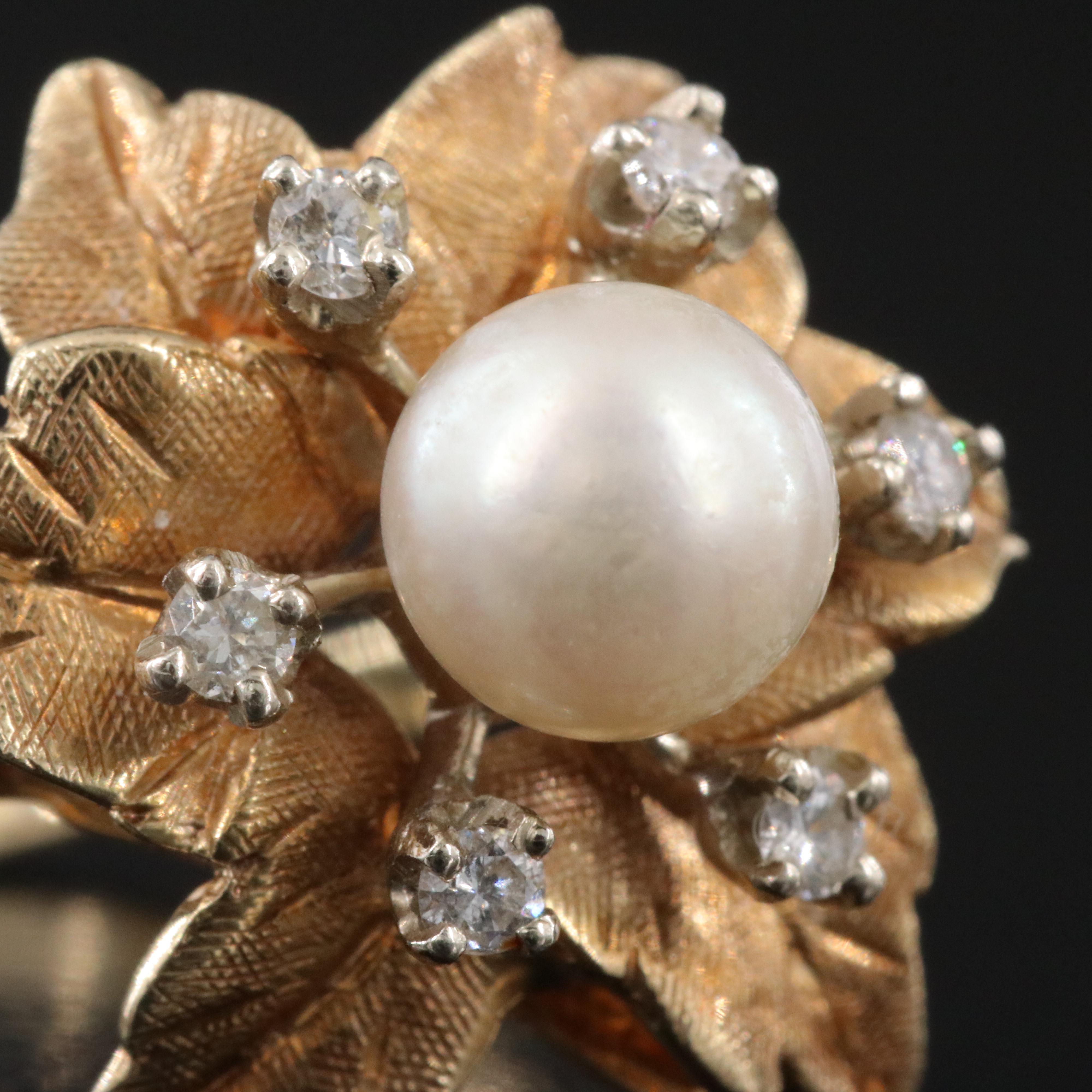 1950s 14K Pearl and Diamond Flower Ring
