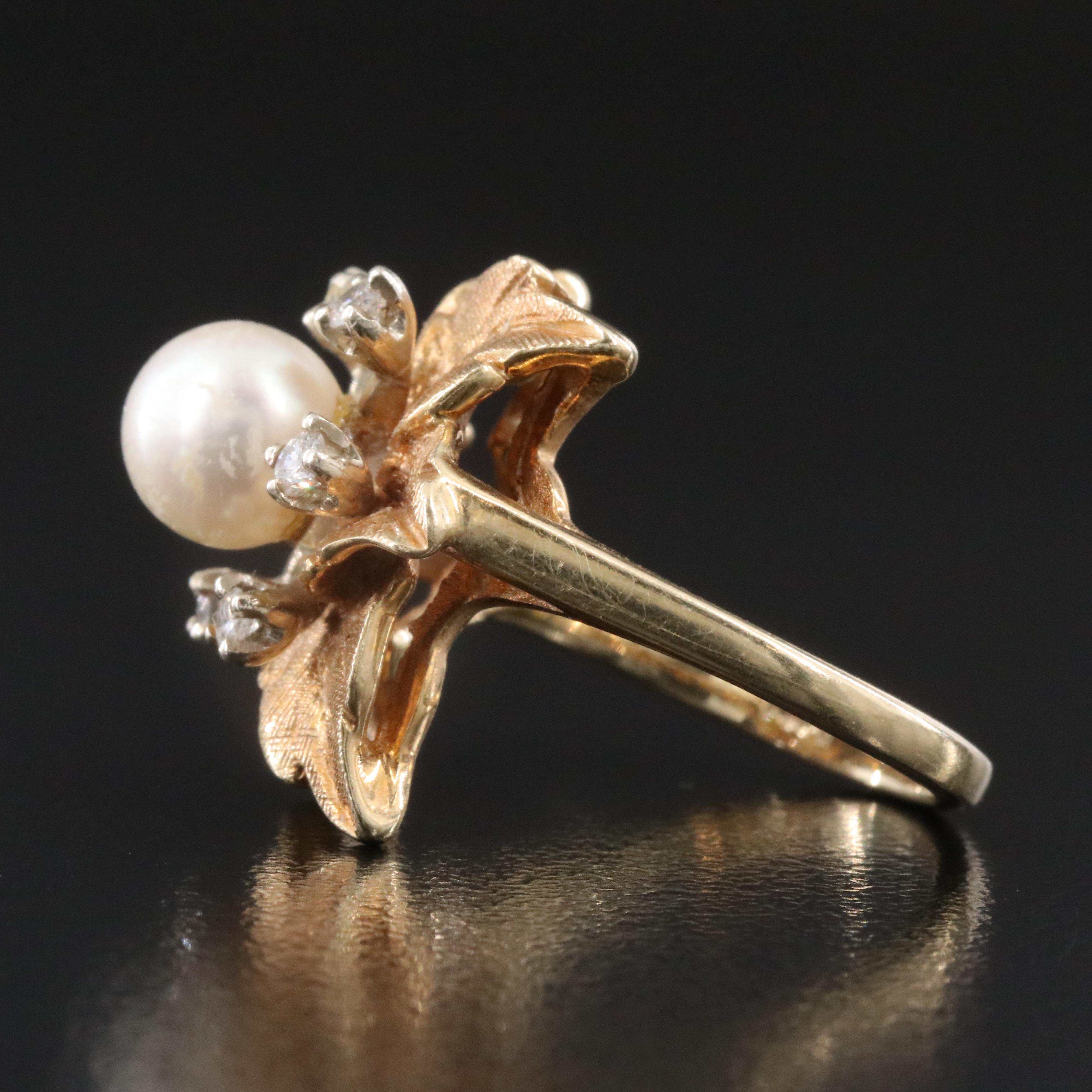 1950s 14K Pearl and Diamond Flower Ring