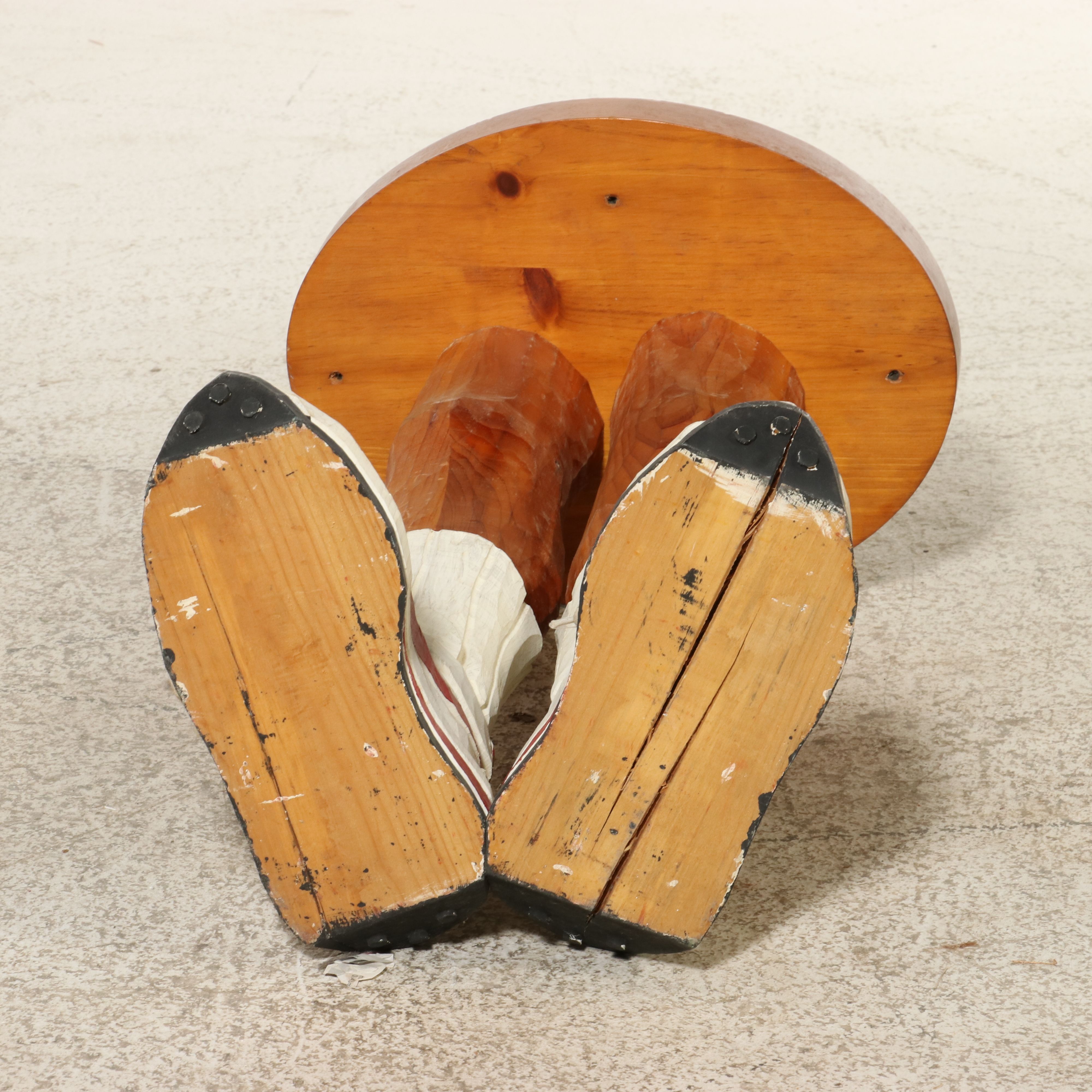 Folk Art Style Pine Articulated Figure with Carved Stool